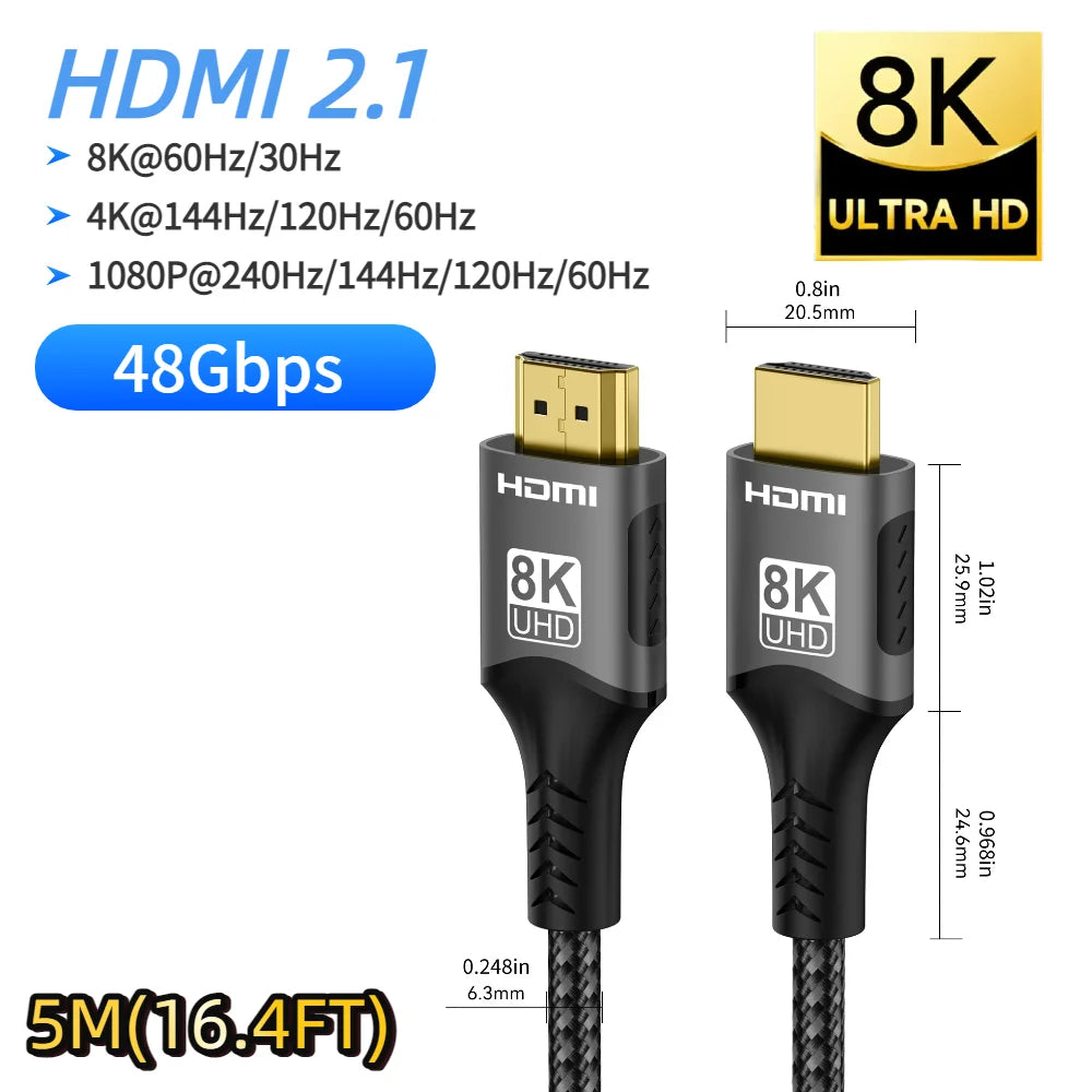 8K HDMI 2.1 Extension cable. Supports 8K@60Hz, 4K@120Hz.  Works with HDTV, RTX, PS5 TV Xbox eARC HDR Video PC Laptop and more.