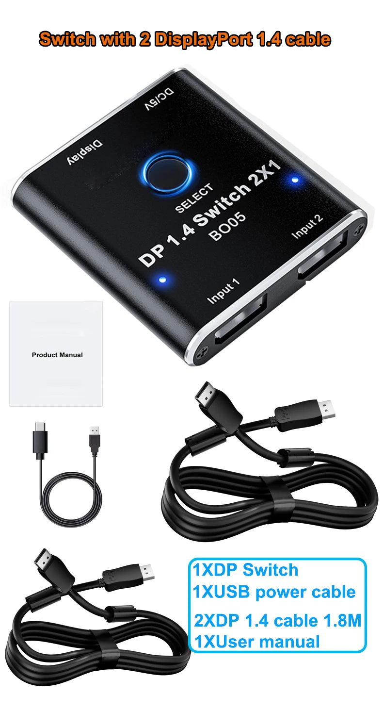 DisplayPort Switch 2 in 1 out DisplayPort 1.4 Video Selector Switcher 2X1 8K 60Hz 5K 120Hz 4K 144Hz for PC Laptop Monitor