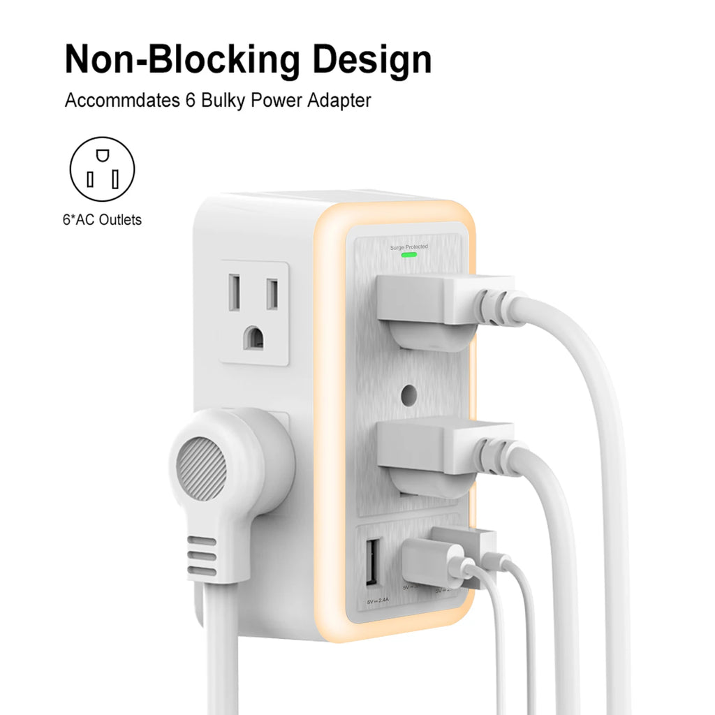 USB Wall Charger/Surge Protector 6 Outlet Extender with 3 USB Charging Ports (1 USB C Outlet)and Night Light for Home or Office