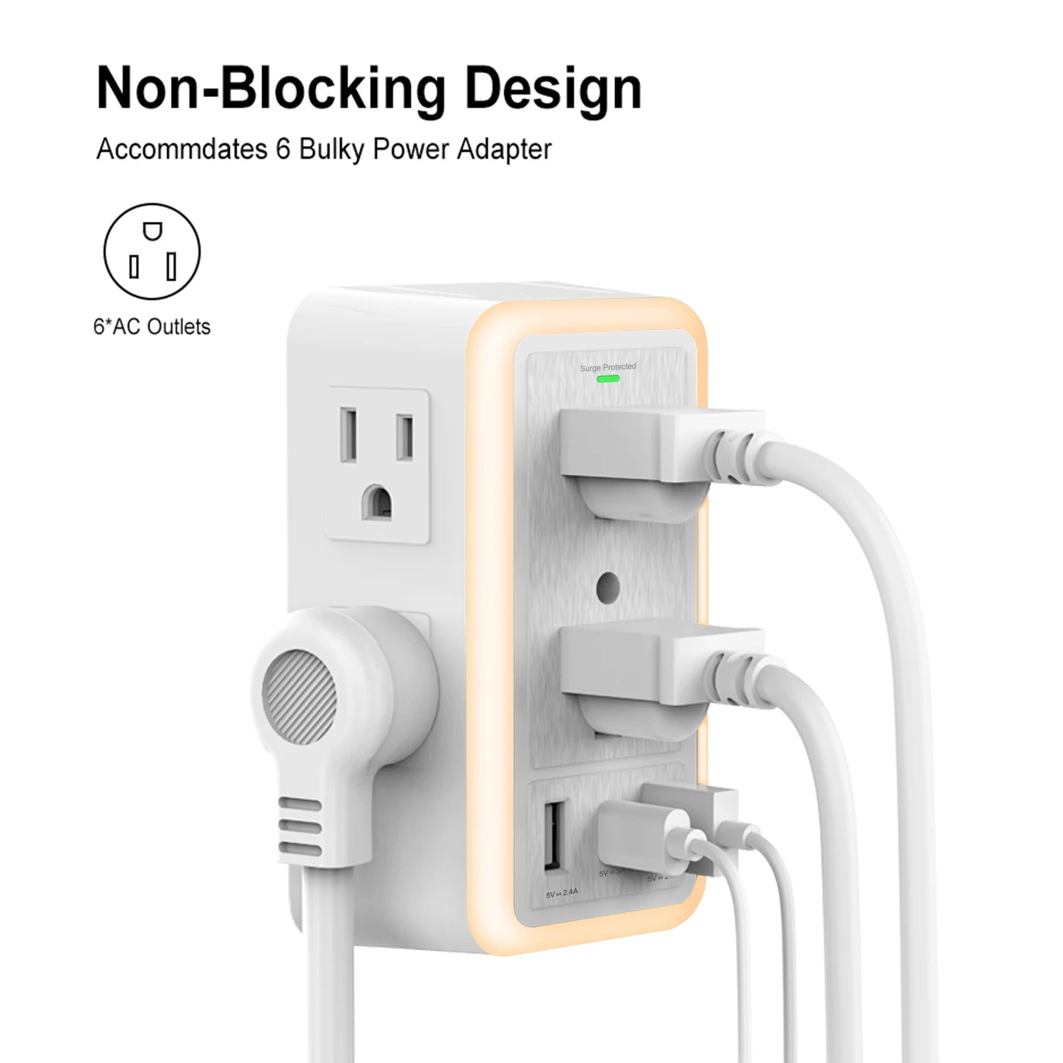 USB Wall Charger/Surge Protector 6 Outlet Extender with 3 USB Charging Ports (1 USB C Outlet)and Night Light for Home or Office