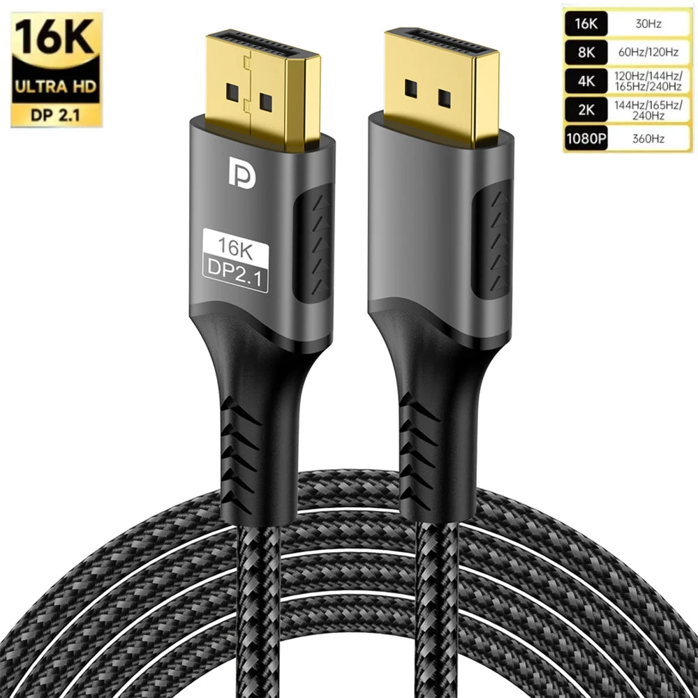 16K DP 2.1 8K@120Hz 4K@240Hz 80Gbps HDR Video Audio Displayport Cable Display Port for Laptop TV Xbox Projector Gaming Monitor