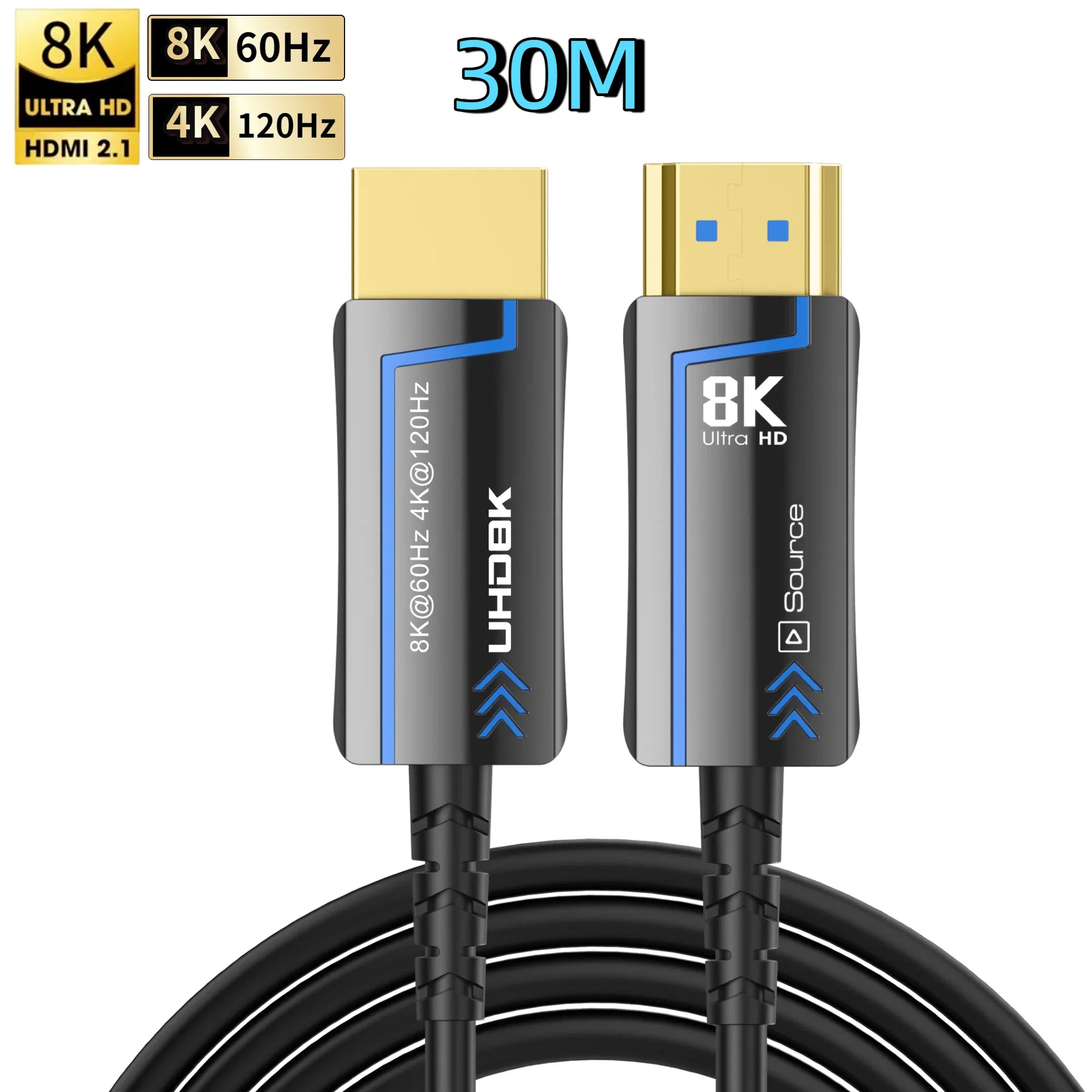 8K 60Hz Ultra High Speed Fiber Optic HDMI Cable, version 2.1. Supports 48Gbps, and 4K 120Hz HDR eARC 3D TV. Available in 2Meter, 5Meter, 10Meter, 15Meter, 20Meter, 30Meter, and 50Meter For HDMI over long distance.