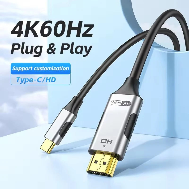 USB C to HDMI-compatible Cable 4K 60Hz 30Hz USB Type C to HDTV 2.1 Thunderbolt 3/4 Cable Adapter for iPhone 16/15 MacBook Huawei