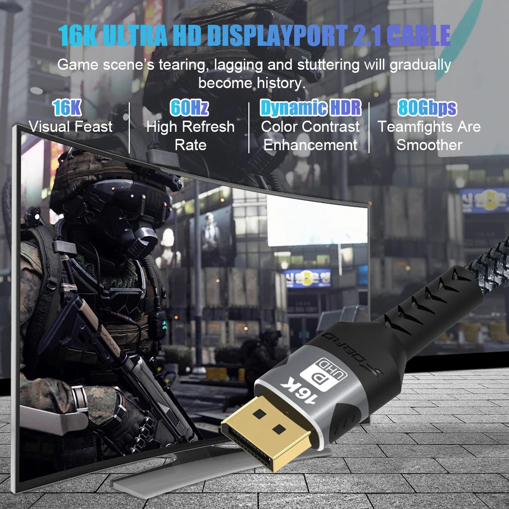 DisplayPort Cable 16K DP 2.1 Cable 16k@30Hz 8K@60Hz,4K@144Hz,HBR3 Support 80Gbps,HDCP 2.2, HDR10 for Gaming Monitor Graphics PC