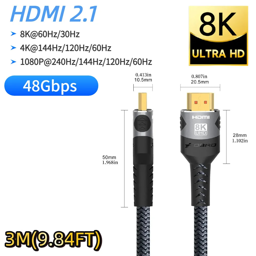 8K HDMI 2.1 Extension cable. Supports 8K@60Hz, 4K@120Hz.  Works with HDTV, RTX, PS5 TV Xbox eARC HDR Video PC Laptop and more.