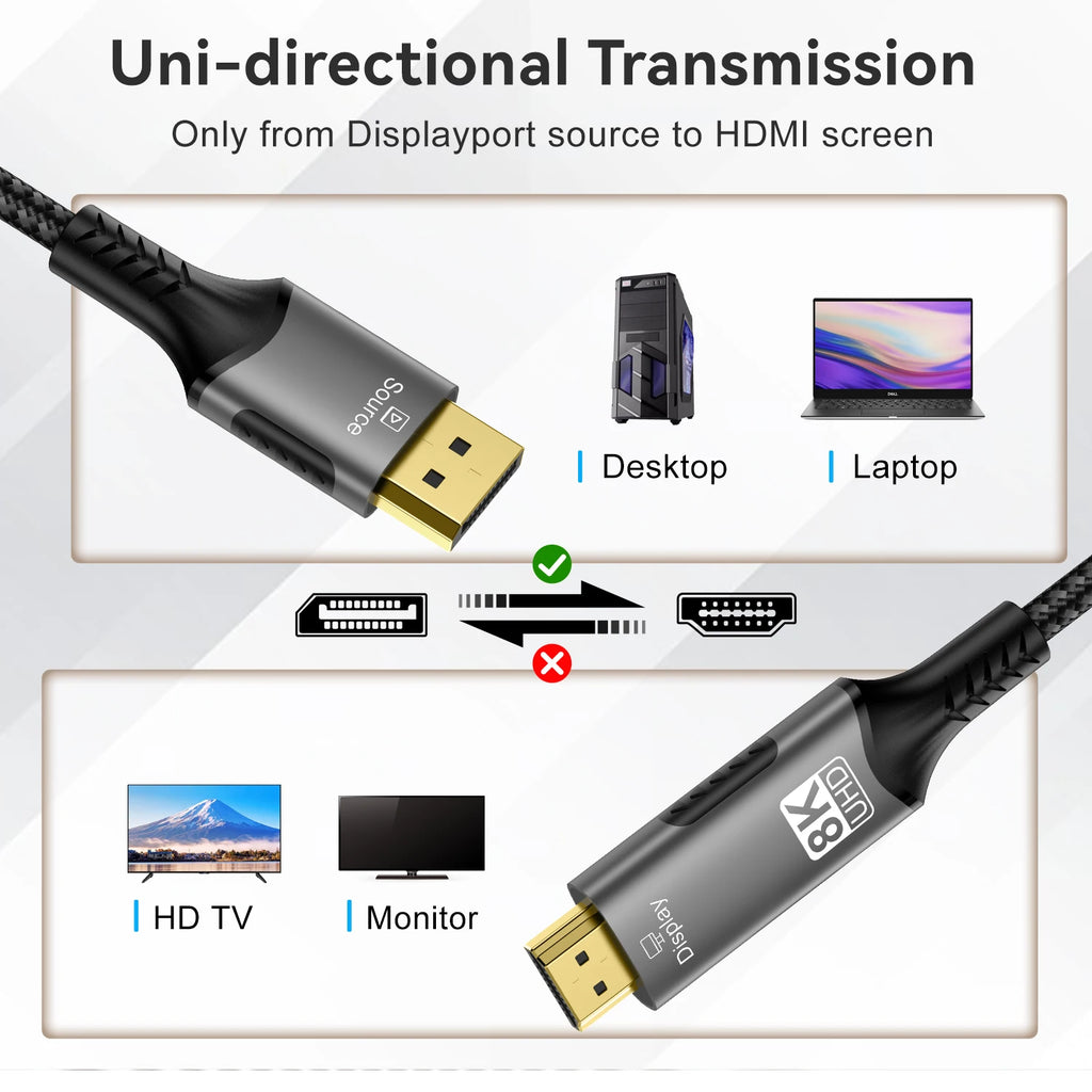 8K DisplayPort to HDMI Compatible Cable 8K@60Hz 4k@120hz DP to HDMI Adapter Display Port Video Audio for PC HDTV Projector Xbox
