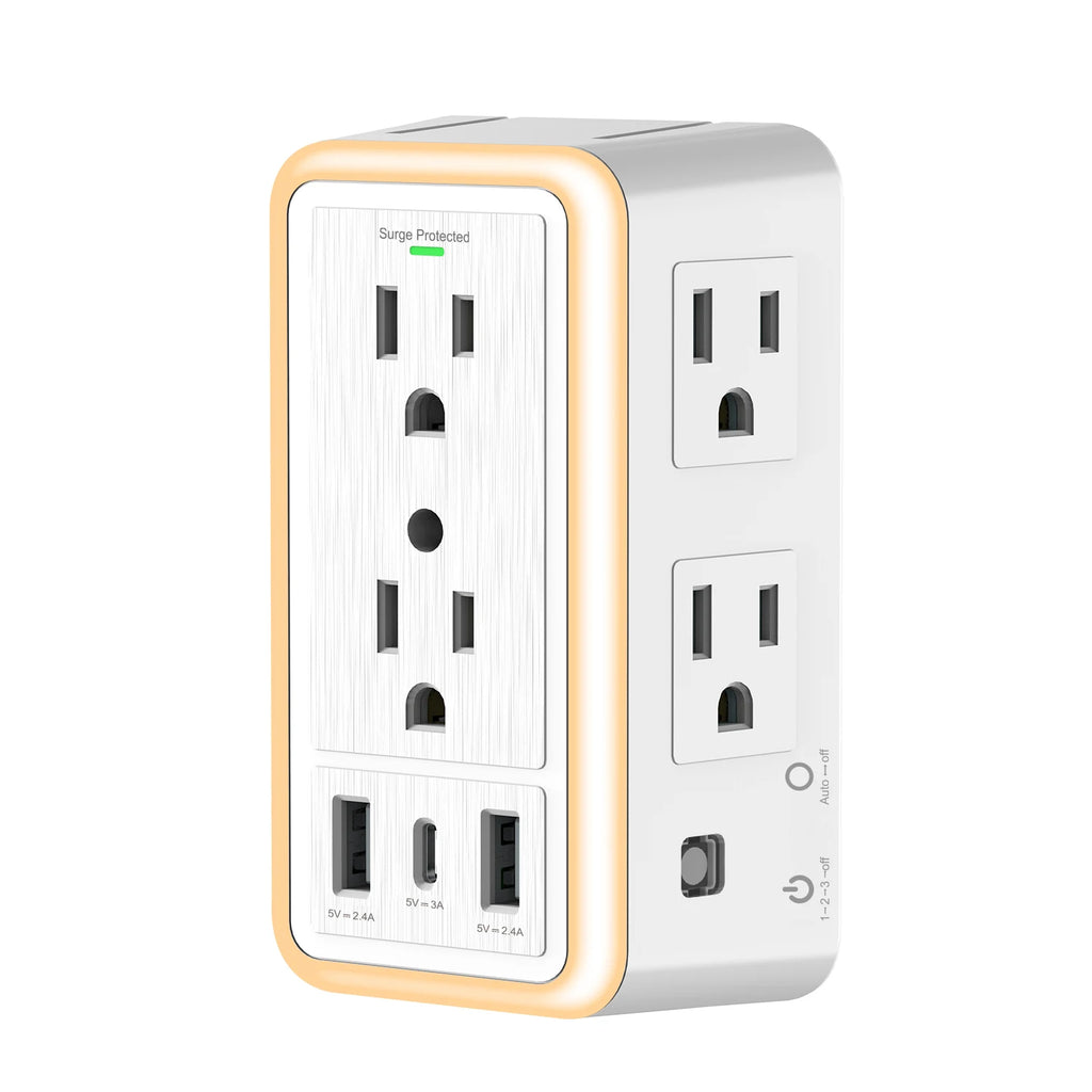 USB Wall Charger/Surge Protector 6 Outlet Extender with 3 USB Charging Ports (1 USB C Outlet)and Night Light for Home or Office