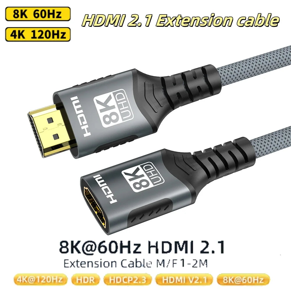 8K HDMI 2.1 Extension cable. Supports 8K@60Hz, 4K@120Hz.  Works with HDTV, RTX, PS5 TV Xbox eARC HDR Video PC Laptop and more.
