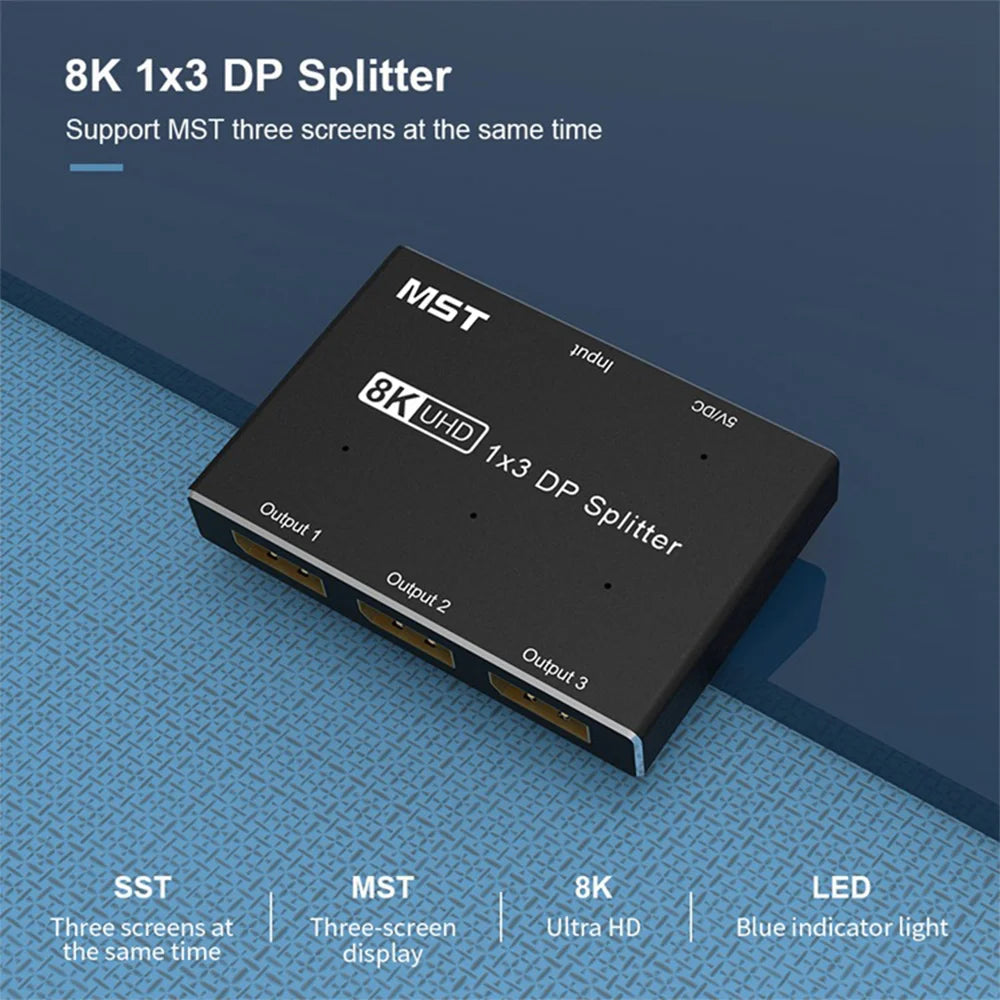 1 in 3 Out DisplayPort 1.4 Switch Splitter 8K@60Hz 4K@120Hz with MST Function Converter Adapter Support Extend and Mirror Mode