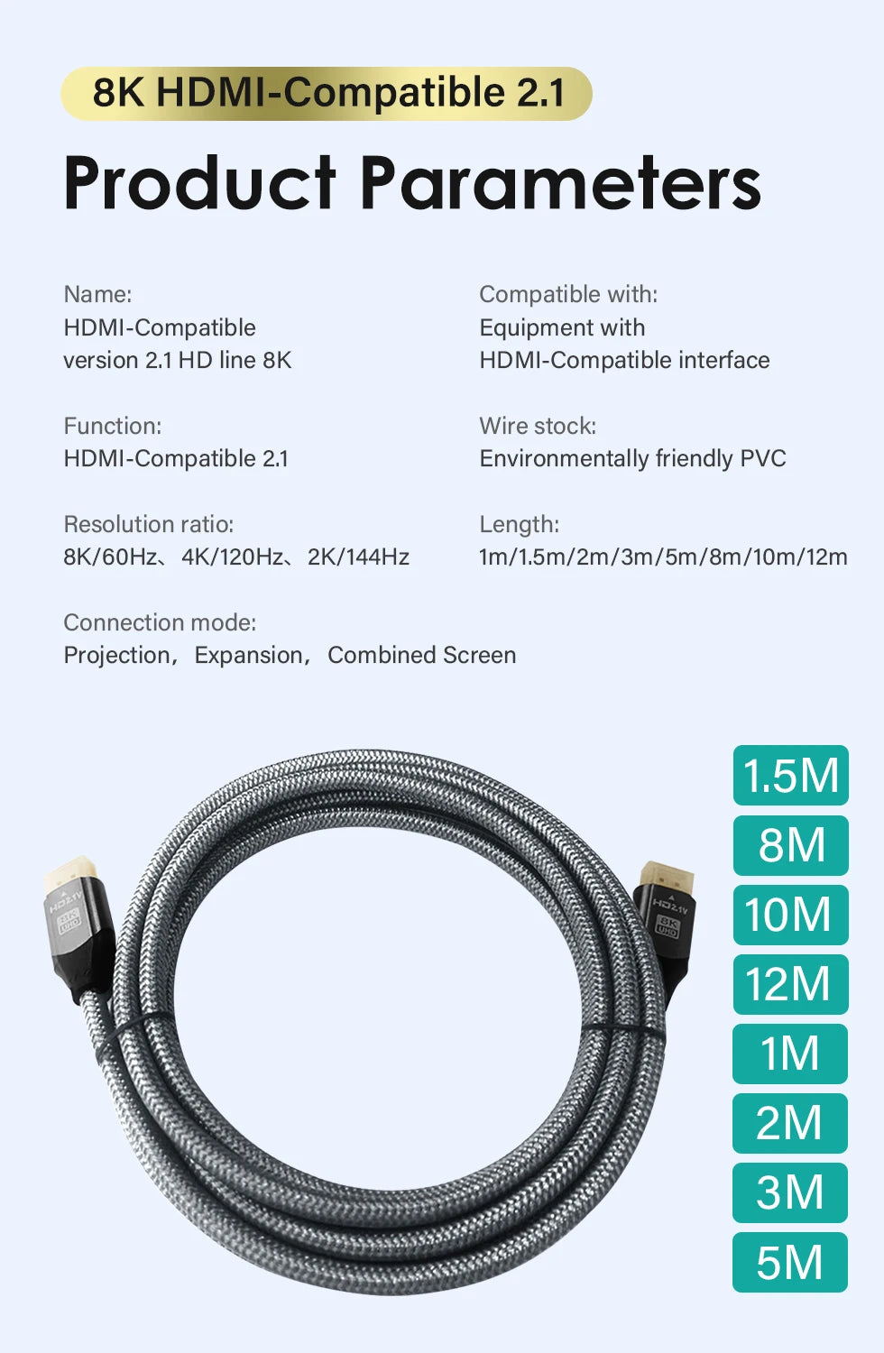 UHD 8K HDMI Cable. 48Gbps High Speed HDMI Cable, version 2.1, Supports 4K @120Hz, 8K @60Hz.  For use with HDTV ,Laptop,  Projector Available in lenghths :5meter 8meter 10meter 12meter