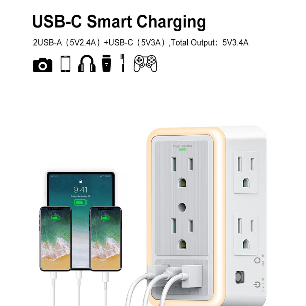 USB Wall Charger/Surge Protector 6 Outlet Extender with 3 USB Charging Ports (1 USB C Outlet)and Night Light for Home or Office