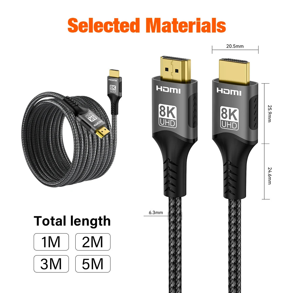 HDMI Cable version 2.1 supports 8K @60Hz 4K @120Hz, 48Gbps Adapter For HDTV RTX 3080 eARC HDR Video Cable  for PC Laptop CATV box and PS4/PS5