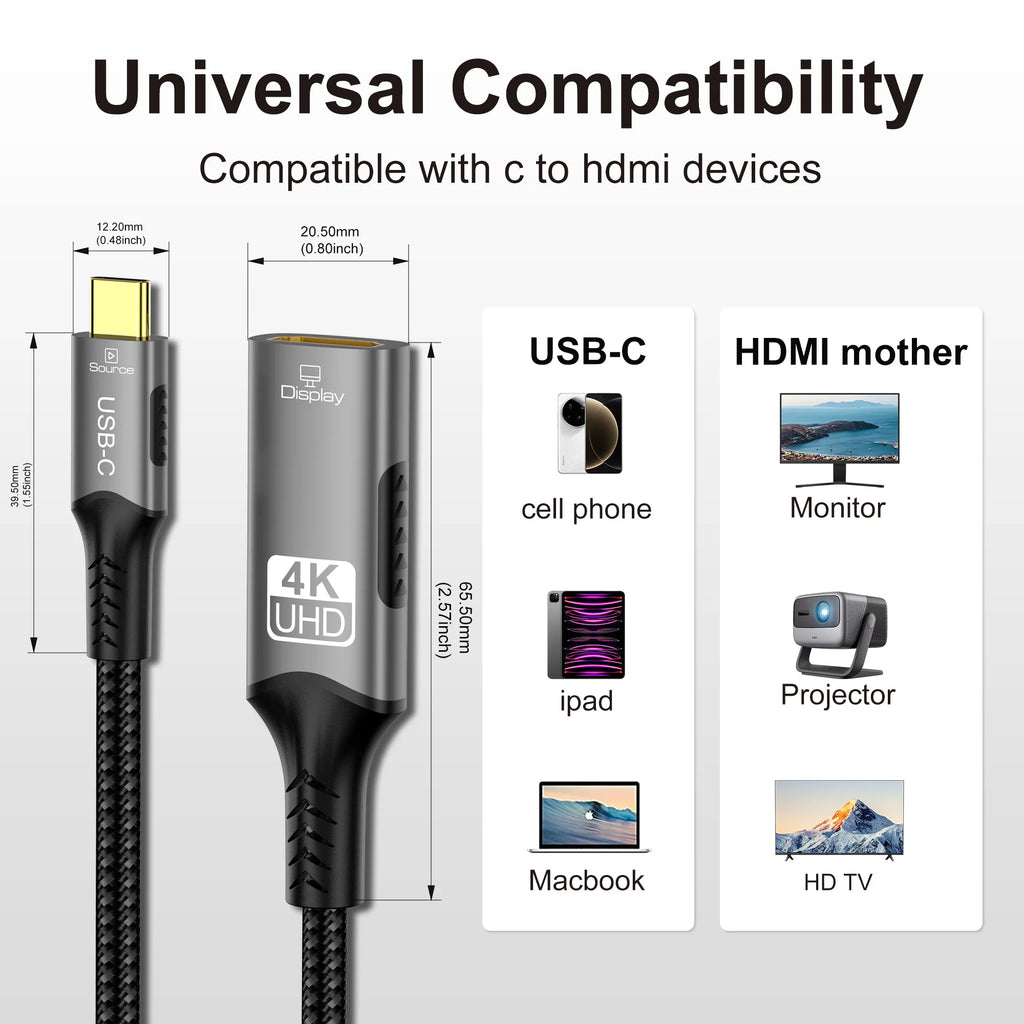 Type C to HDMI Extension Cable 8K@60Hz 4K@120Hz C to HDMI Adapter 32.4Gbps For Laptop MacBook PC Phone to TV Monitor