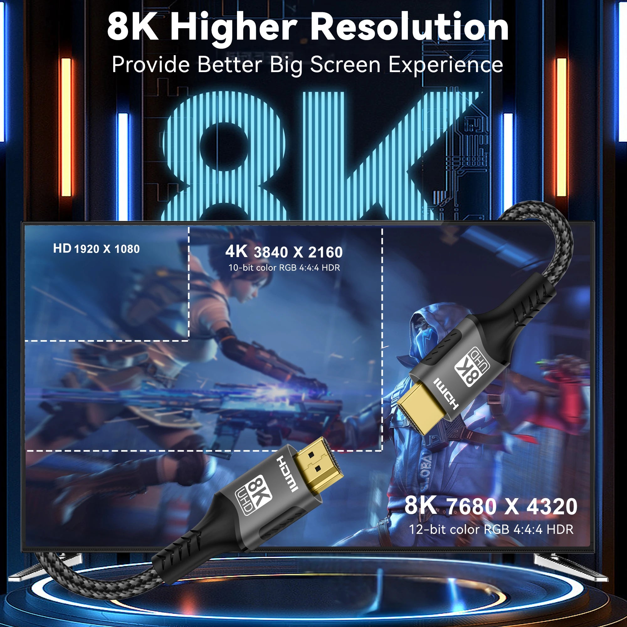 Ultra High Speed HDMI Cable with gold plated Connectors. Supports 8K@60Hz 4K@120Hz HDMI version 2.1.  48Gbps Certified - HDR10 3D eARC VRR for PS5/PC/HDTV/Projector.
