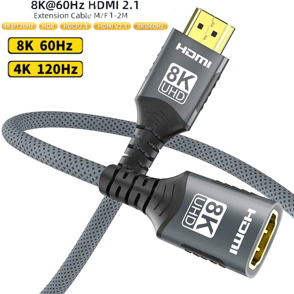 8K HDMI 2.1 Extension cable. Supports 8K@60Hz, 4K@120Hz.  Works with HDTV, RTX, PS5 TV Xbox eARC HDR Video PC Laptop and more.