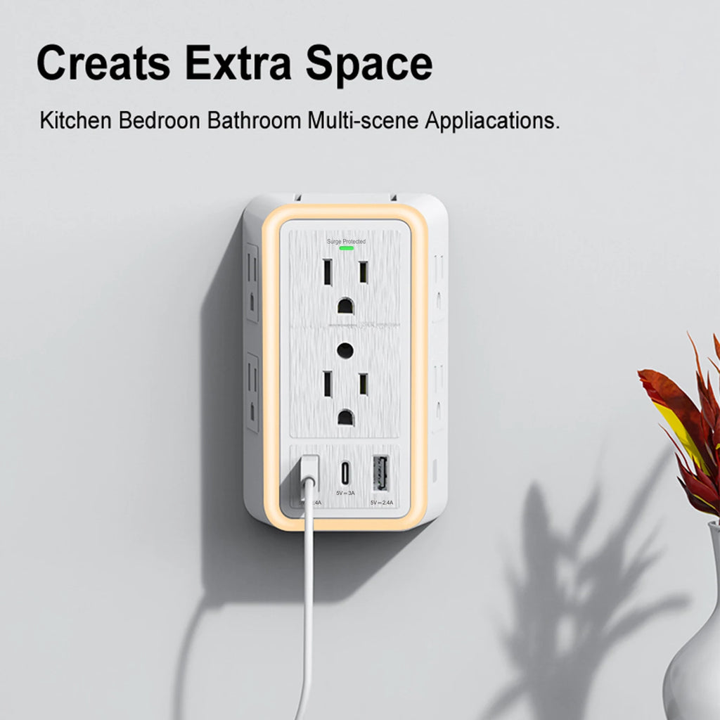USB Wall Charger/Surge Protector 6 Outlet Extender with 3 USB Charging Ports (1 USB C Outlet)and Night Light for Home or Office