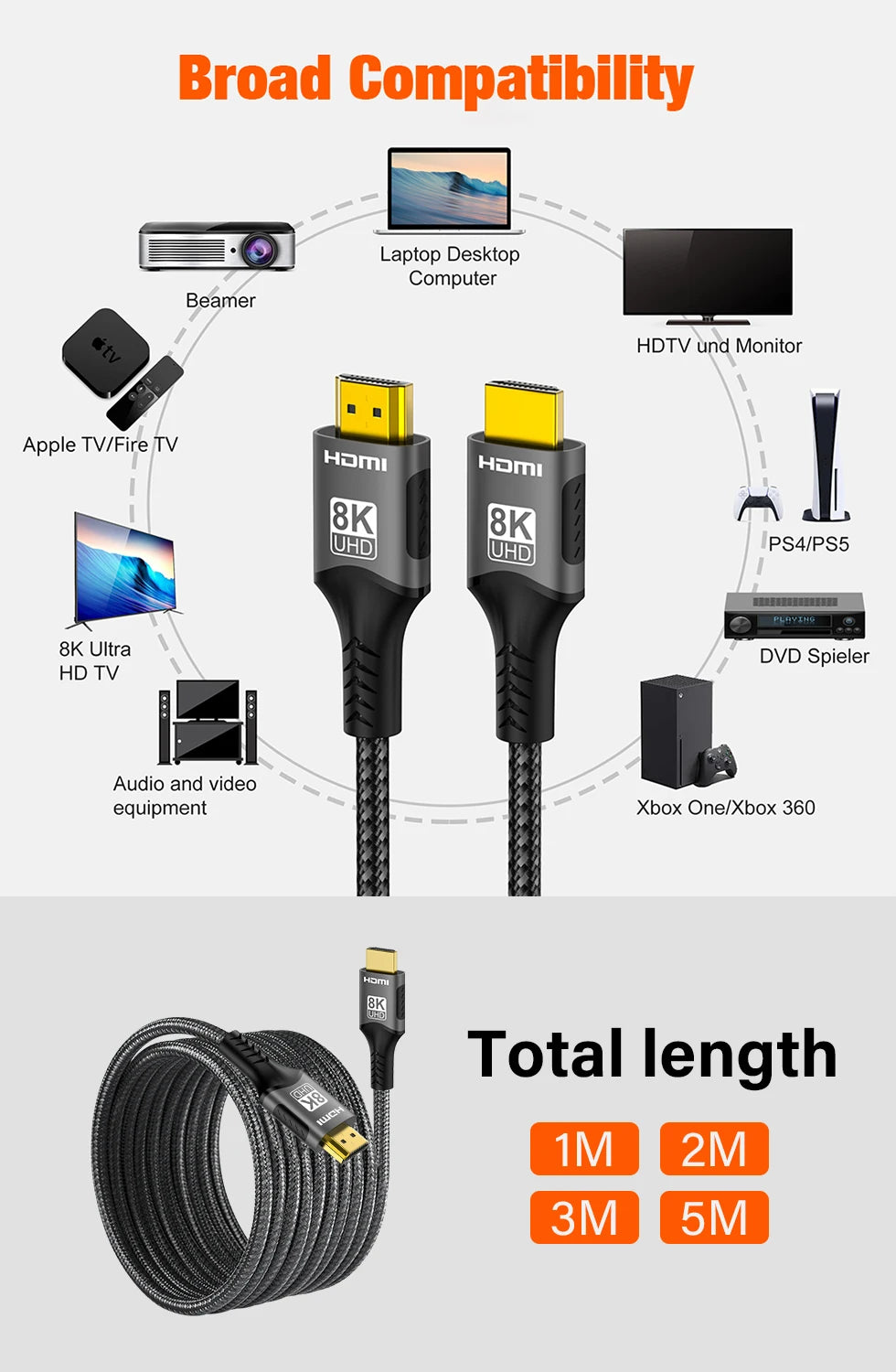 HDMI Cable version 2.1 supports 8K @60Hz 4K @120Hz, 48Gbps Adapter For HDTV RTX 3080 eARC HDR Video Cable  for PC Laptop CATV box and PS4/PS5