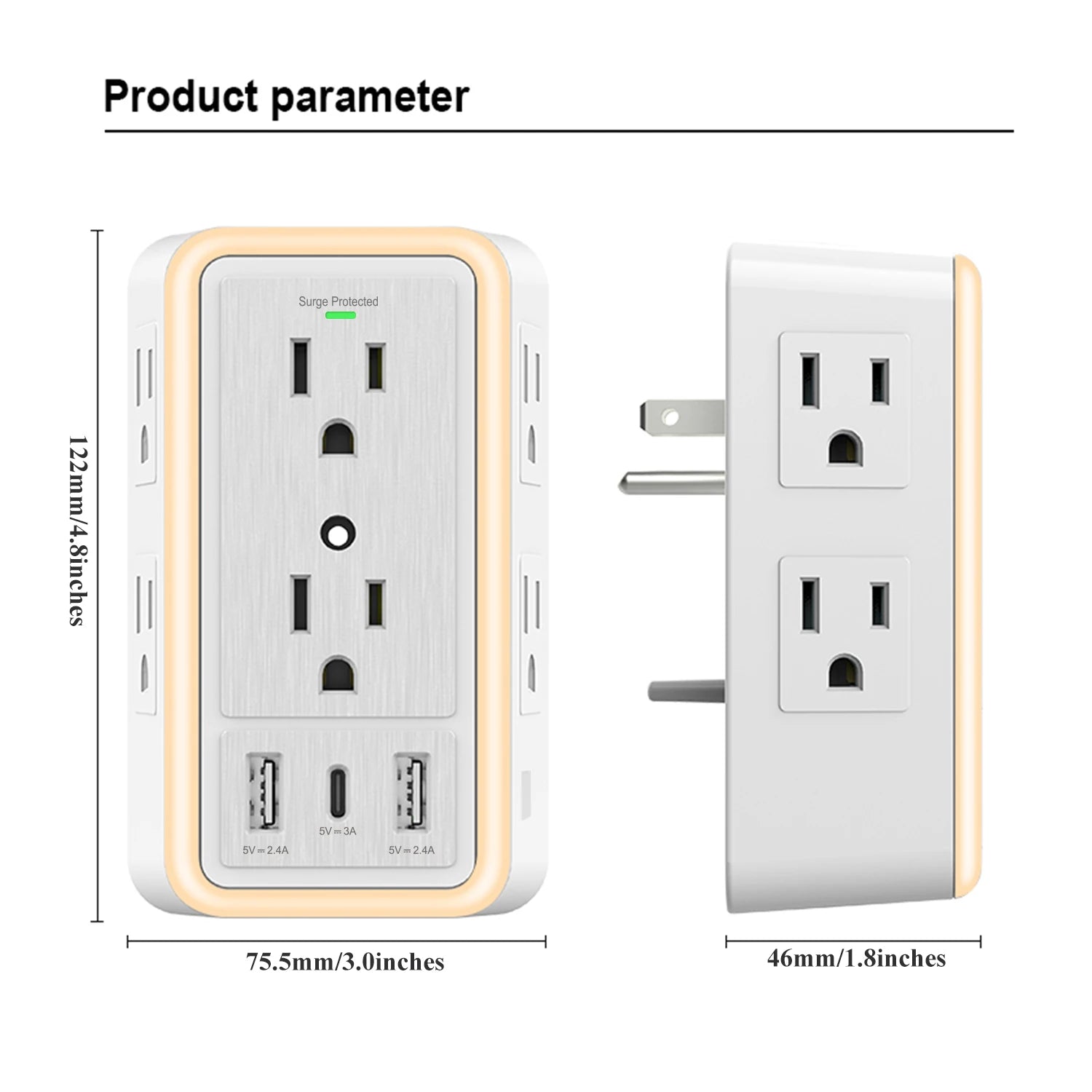 USB Wall Charger/Surge Protector 6 Outlet Extender with 3 USB Charging Ports (1 USB C Outlet)and Night Light for Home or Office