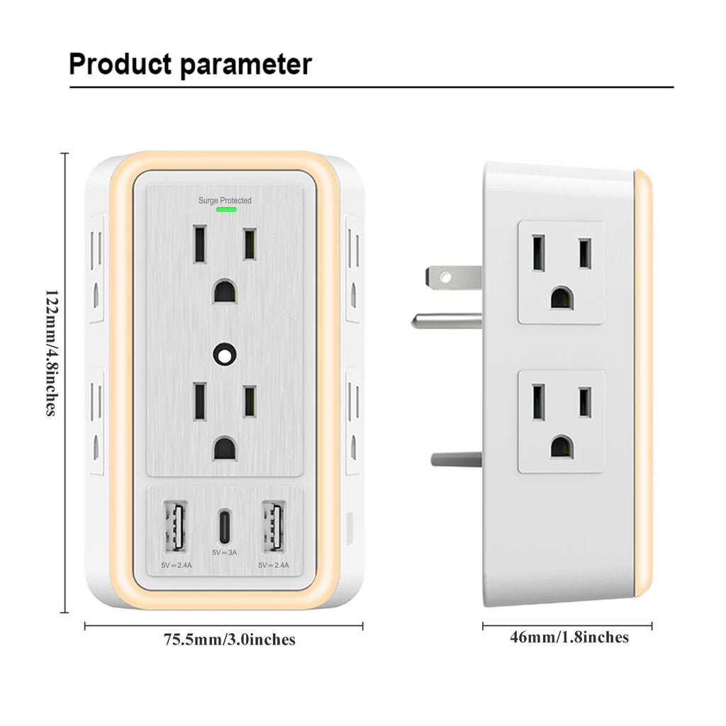 USB Wall Charger/Surge Protector 6 Outlet Extender with 3 USB Charging Ports (1 USB C Outlet)and Night Light for Home or Office