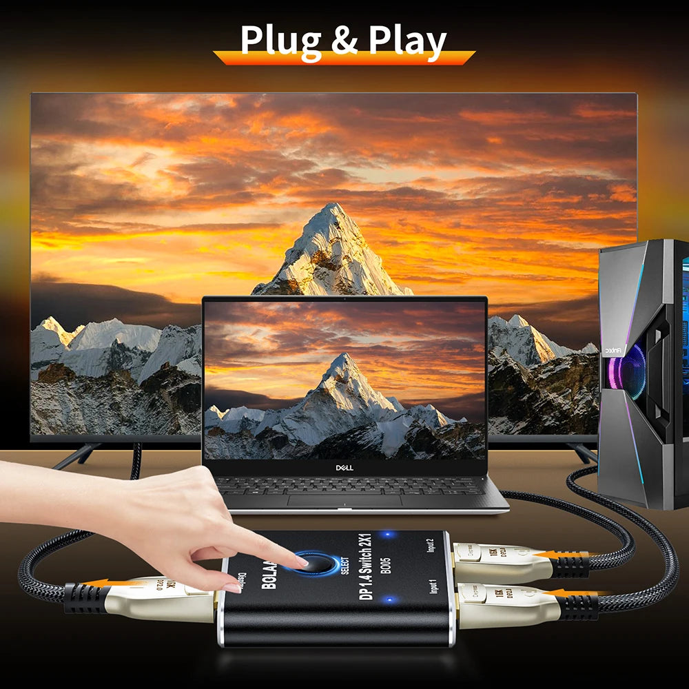 DisplayPort Switch 2 in 1 out DisplayPort 1.4 Video Selector Switcher 2X1 8K 60Hz 5K 120Hz 4K 144Hz for PC Laptop Monitor