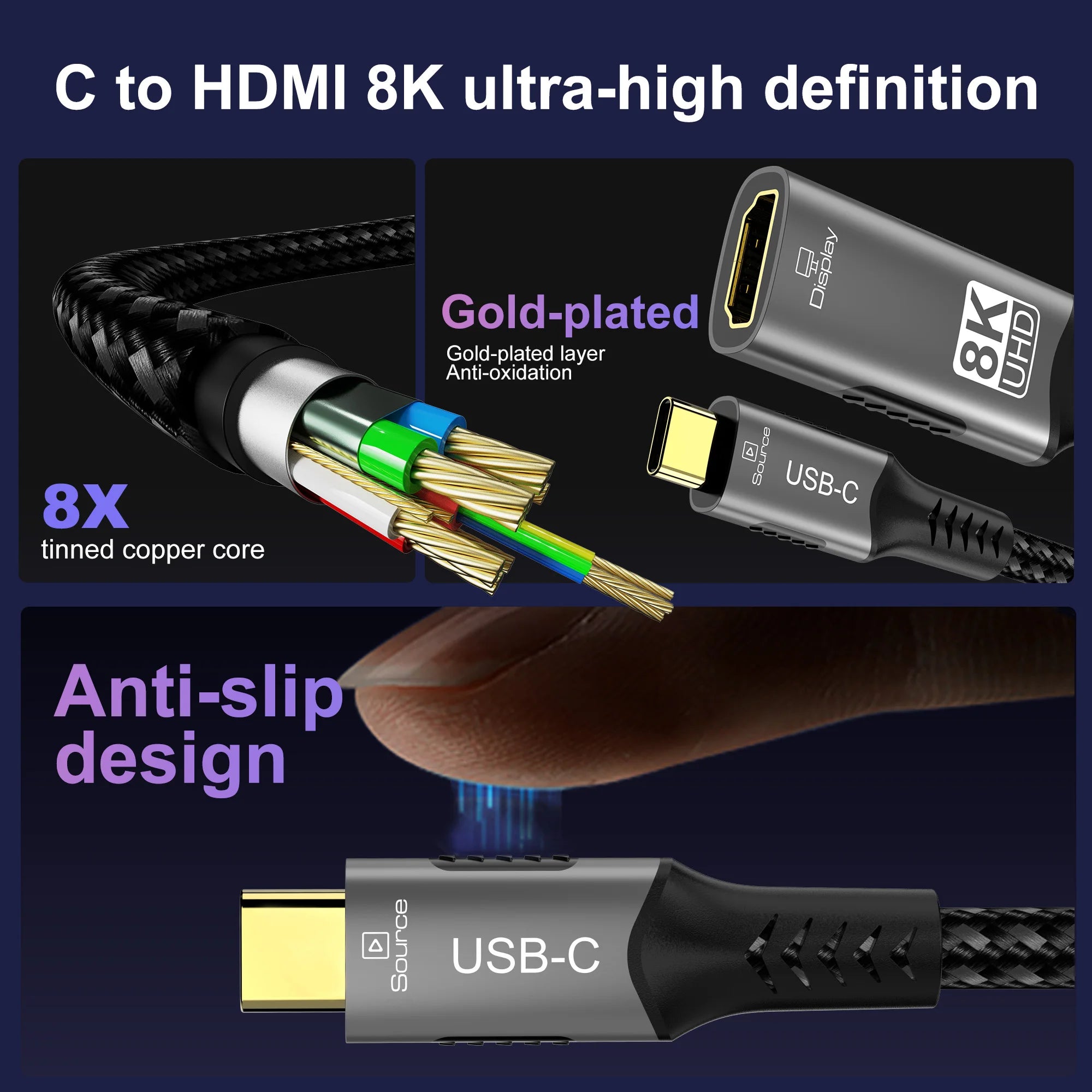 Type C to HDMI Extension Cable 8K@60Hz 4K@120Hz C to HDMI Adapter 32.4Gbps For Laptop MacBook PC Phone to TV Monitor