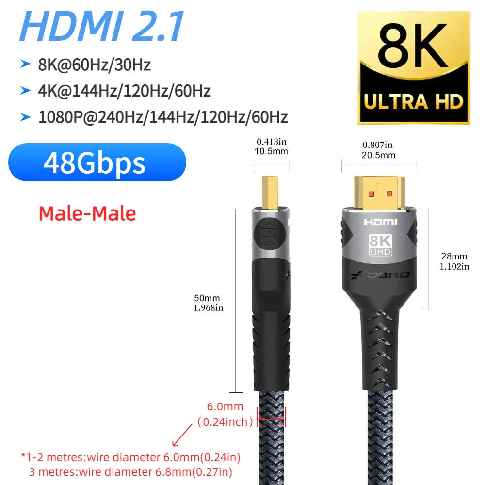 8K HDMI 2.1 Extension cable. Supports 8K@60Hz, 4K@120Hz.  Works with HDTV, RTX, PS5 TV Xbox eARC HDR Video PC Laptop and more.
