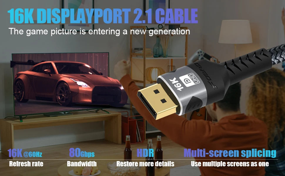DisplayPort Cable 16K DP 2.1 Cable 16k@30Hz 8K@60Hz,4K@144Hz,HBR3 Support 80Gbps,HDCP 2.2, HDR10 for Gaming Monitor Graphics PC