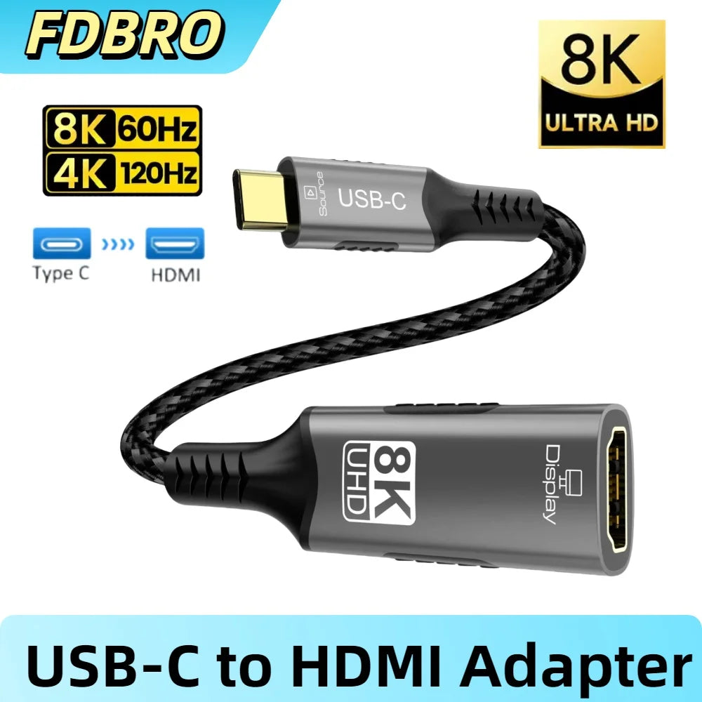 Type C to HDMI Extension Cable 8K@60Hz 4K@120Hz C to HDMI Adapter 32.4Gbps For Laptop MacBook PC Phone to TV Monitor