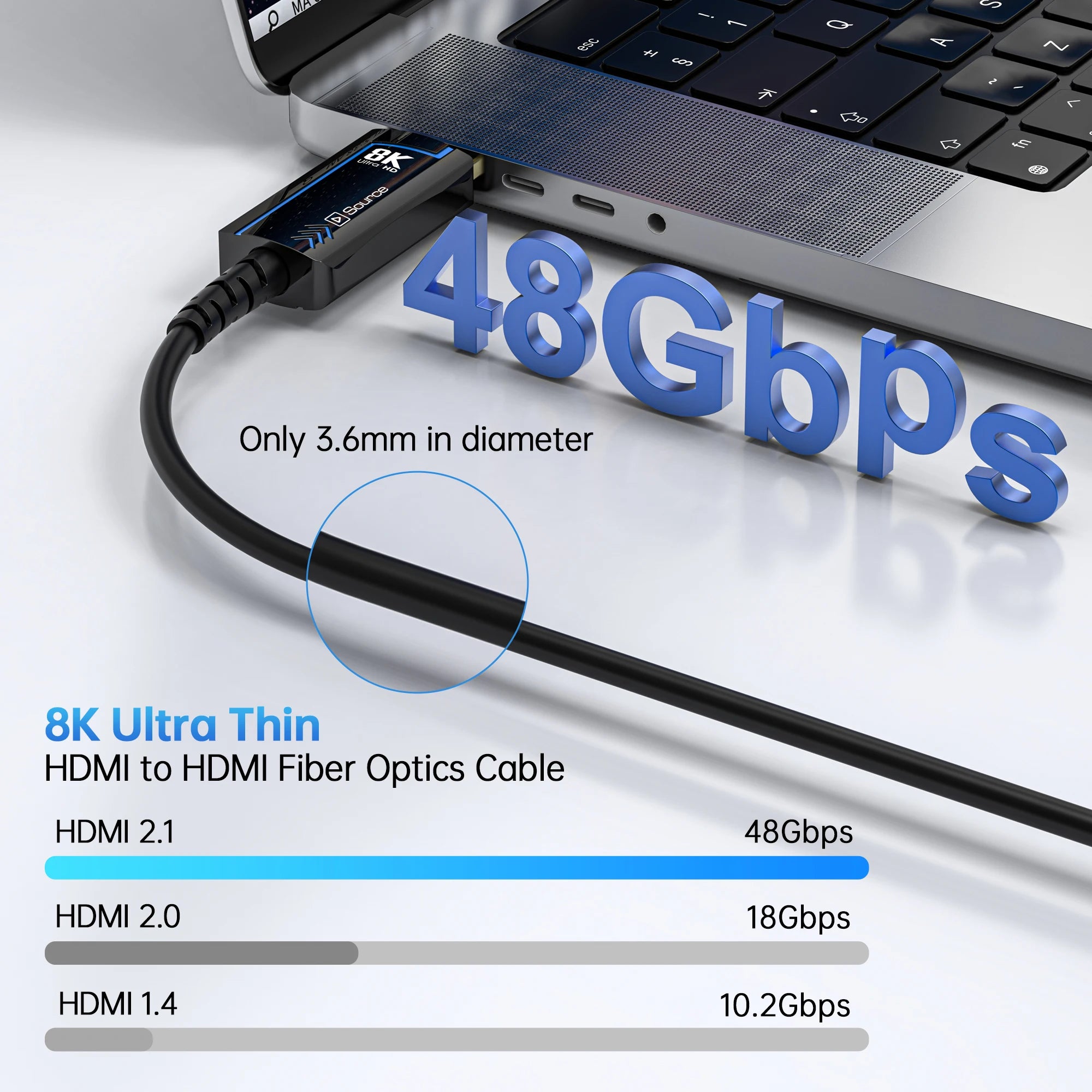 8K 60Hz Ultra High Speed Fiber Optic HDMI Cable, version 2.1. Supports 48Gbps, and 4K 120Hz HDR eARC 3D TV. Available in 2Meter, 5Meter, 10Meter, 15Meter, 20Meter, 30Meter, and 50Meter For HDMI over long distance.