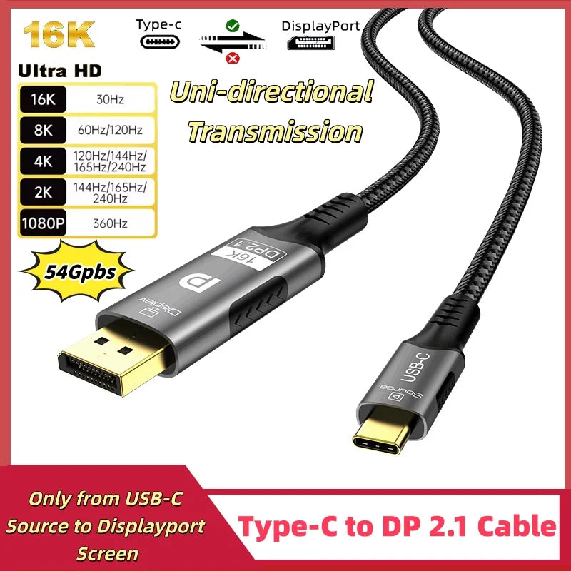 16K Type-C to DP 2.1 USB C to DisplayPort Cable 16K@30Hz 8K@60Hz For Thunderbolt 4/3 54Gpbs MacBook Huawei Air Projector PC TV