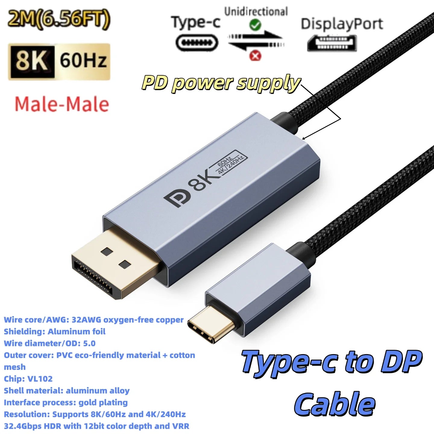 16K Type-C to DP 2.1 USB C to DisplayPort Cable 16K@30Hz 8K@60Hz For Thunderbolt 4/3 54Gpbs MacBook Huawei Air Projector PC TV