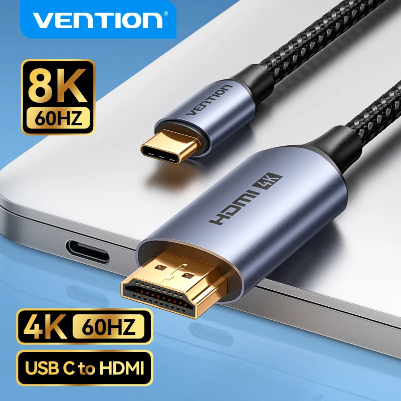 Vention Type C to HDMI-compatible Cable 8K/60Hz 4K/120Hz for MacBook Pro iMac iPad Pro for Samsung Xiaomi USB C to HDMI 2.1