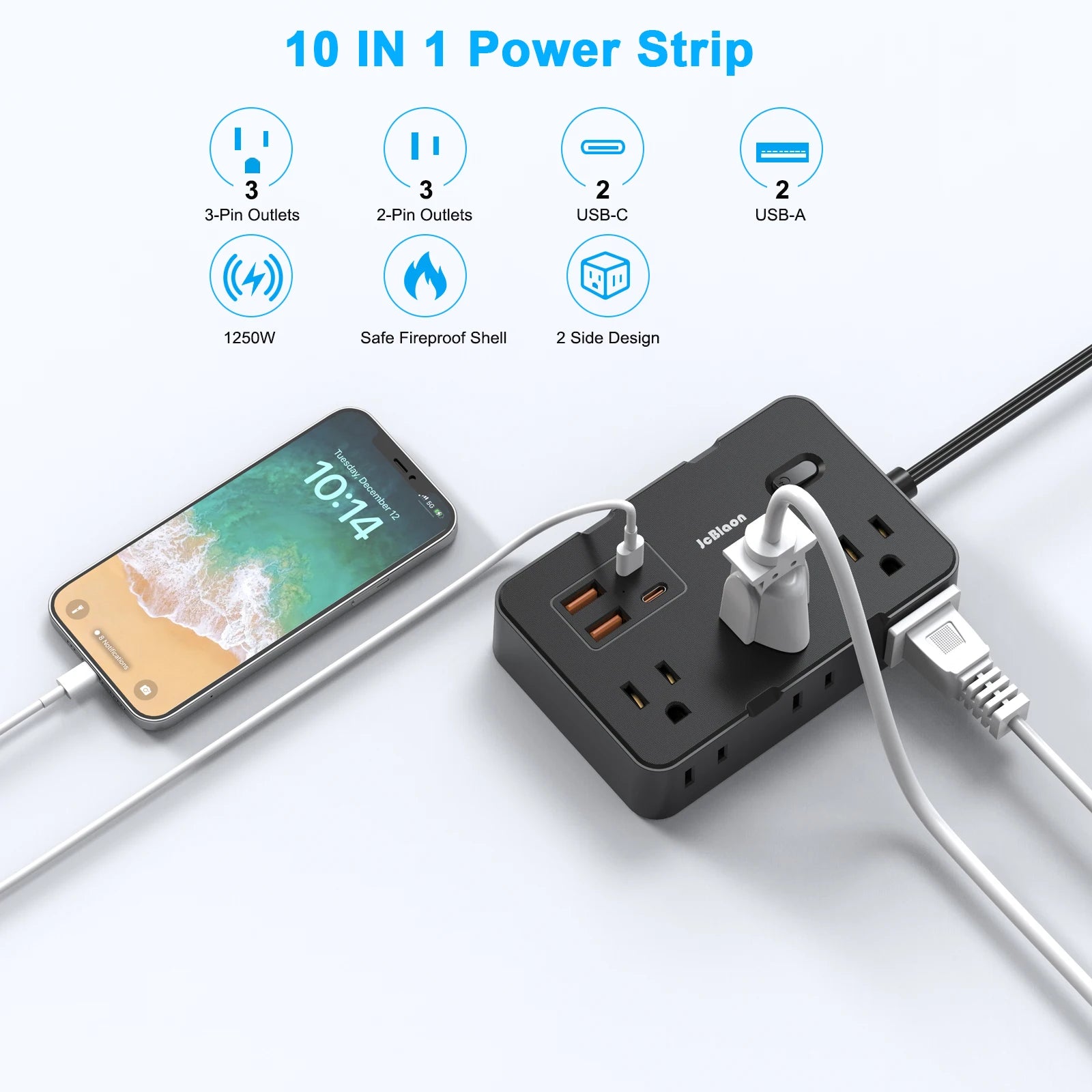 Surge Protector with 6 Outlets , 4 USB Ports, 5ft Ultra Thin Flat Power cord, Power Adapter for Home or Office