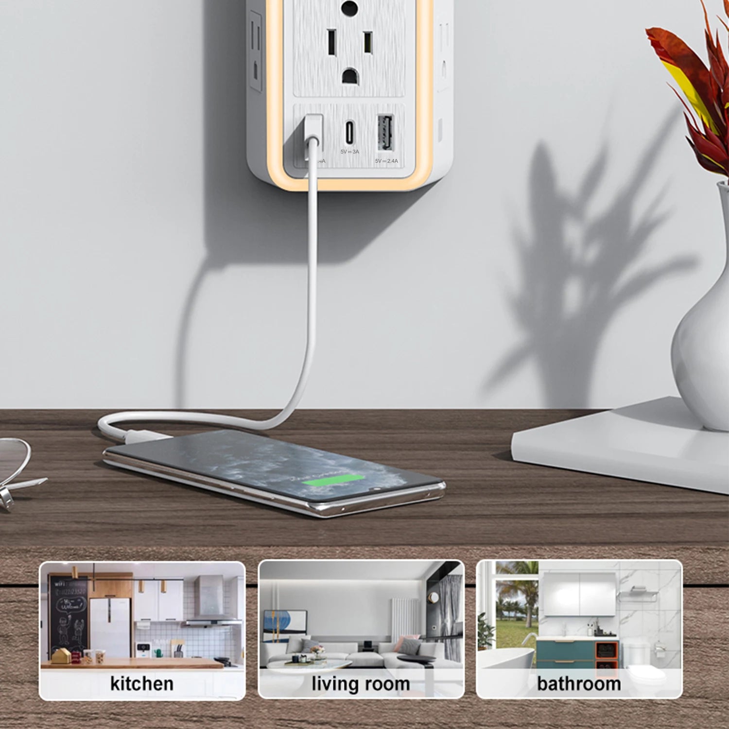 USB Wall Charger/Surge Protector 6 Outlet Extender with 3 USB Charging Ports (1 USB C Outlet)and Night Light for Home or Office