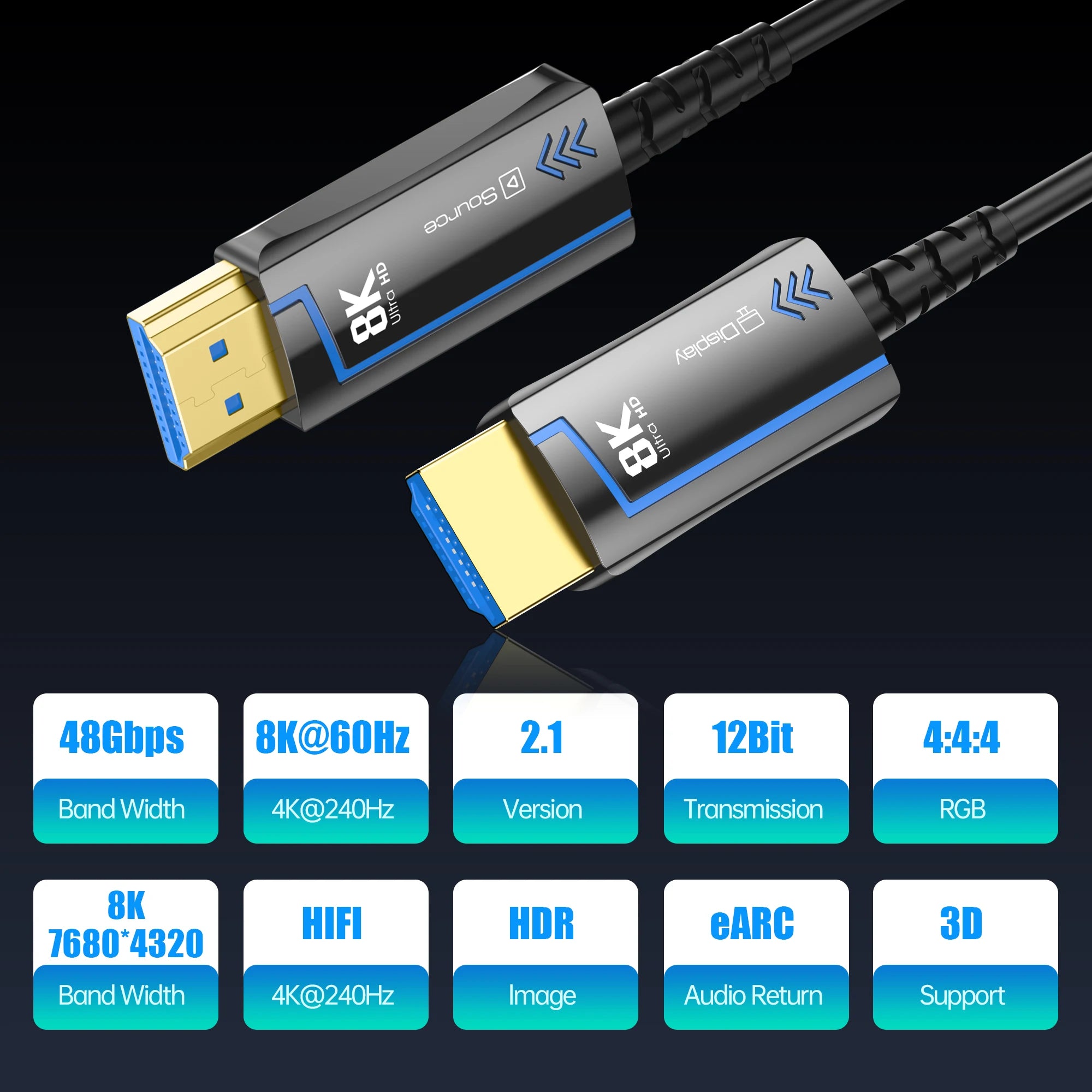 8K 60Hz Ultra High Speed Fiber Optic HDMI Cable, version 2.1. Supports 48Gbps, and 4K 120Hz HDR eARC 3D TV. Available in 2Meter, 5Meter, 10Meter, 15Meter, 20Meter, 30Meter, and 50Meter For HDMI over long distance.