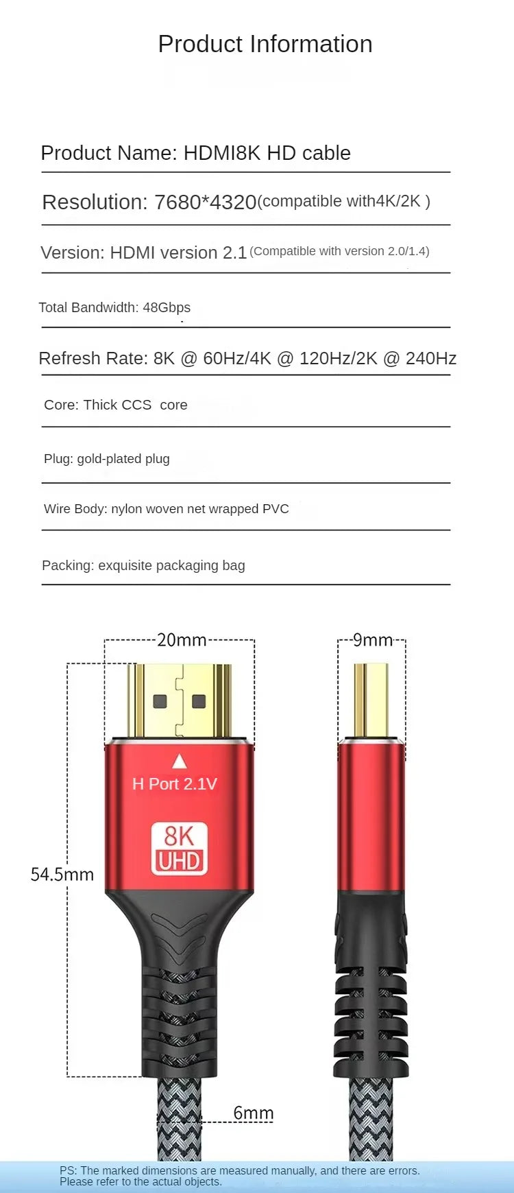 HDMI-Compatible 2.1 Cable 8K HDTV Cable for Xiaomi TV Box PS5 Ultra High Speed Compatible 8K@60Hz HDTV 2.1 Cable for TV/PS5/HDTV