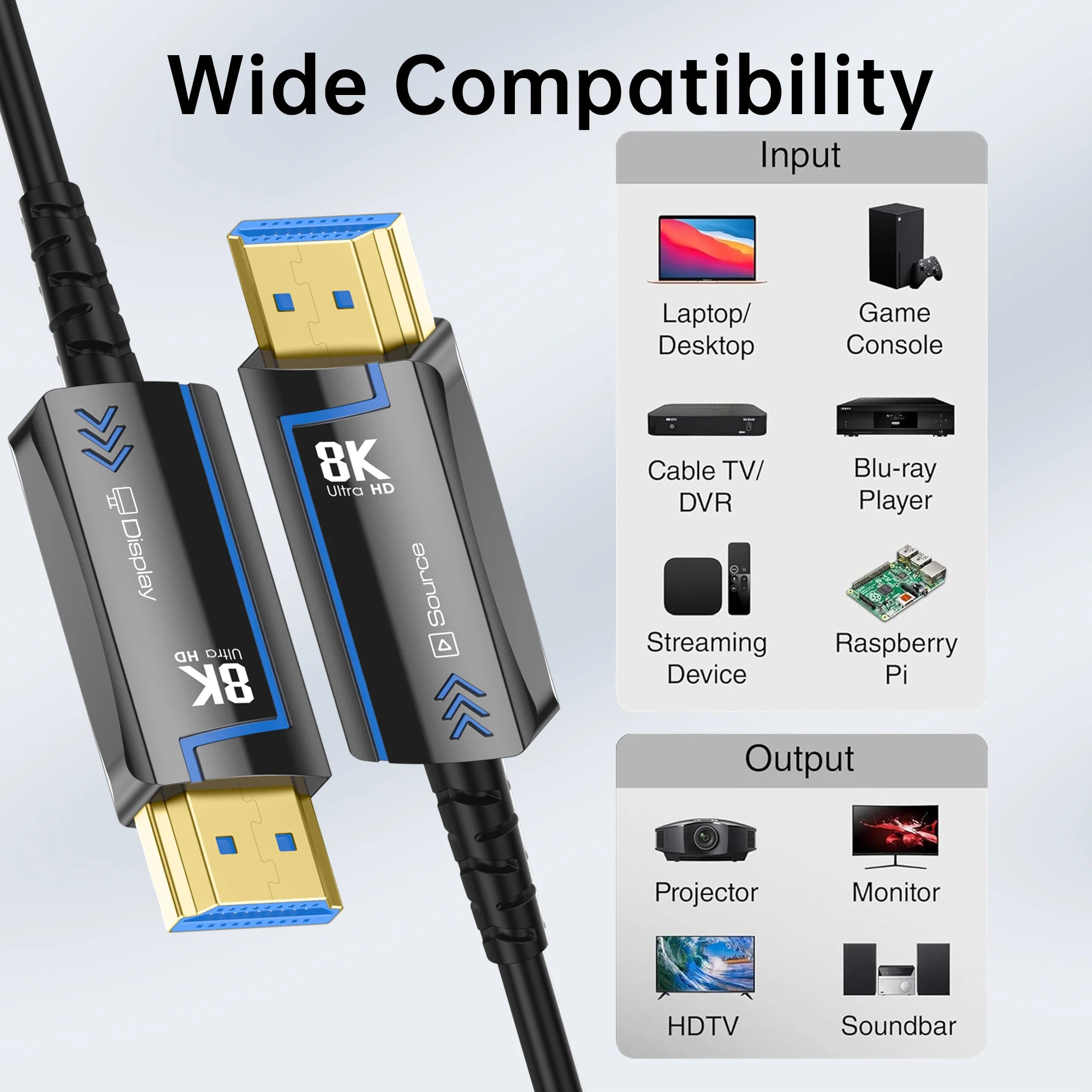 8K 60Hz Ultra High Speed Fiber Optic HDMI Cable, version 2.1. Supports 48Gbps, and 4K 120Hz HDR eARC 3D TV. Available in 2Meter, 5Meter, 10Meter, 15Meter, 20Meter, 30Meter, and 50Meter For HDMI over long distance.