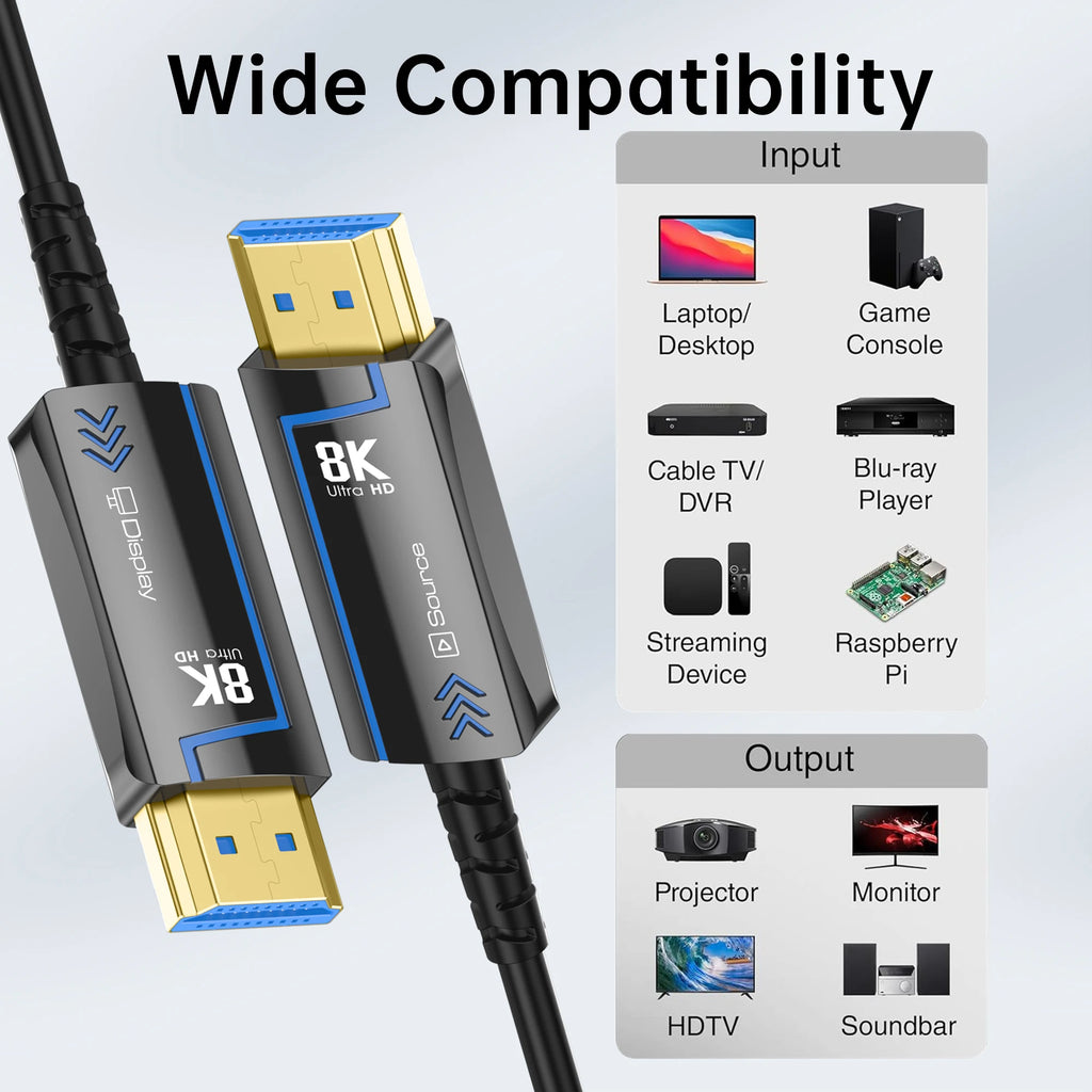8K 60Hz Ultra High Speed Fiber Optic HDMI Cable, version 2.1. Supports 48Gbps, and 4K 120Hz HDR eARC 3D TV. Available in 2Meter, 5Meter, 10Meter, 15Meter, 20Meter, 30Meter, and 50Meter For HDMI over long distance.