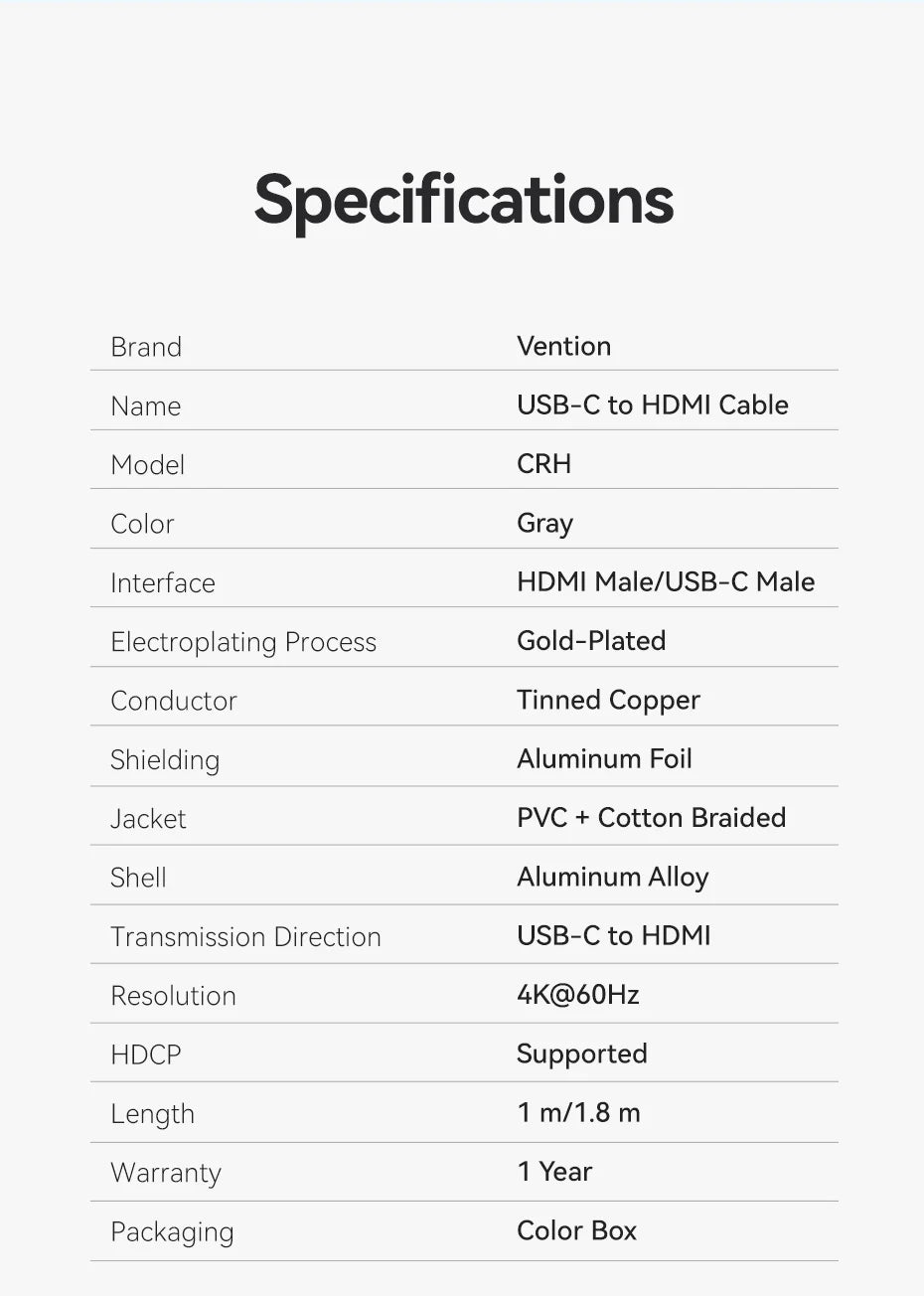 Vention Type C to HDMI-compatible Cable 8K/60Hz 4K/120Hz for MacBook Pro iMac iPad Pro for Samsung Xiaomi USB C to HDMI 2.1