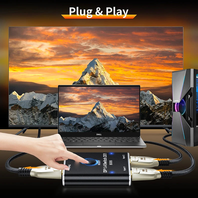 DisplayPort Switch 2 in 1 out DisplayPort 1.4 Video Selector Switcher 2X1 8K 60Hz 5K 120Hz 4K 144Hz for PC Laptop Monitor