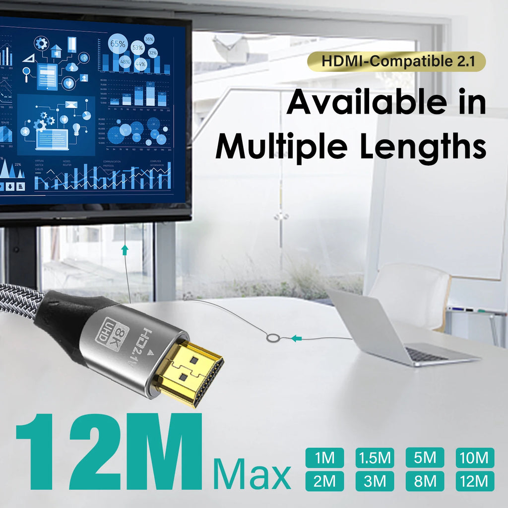 UHD 8K HDMI Cable. 48Gbps High Speed HDMI Cable, version 2.1, Supports 4K @120Hz, 8K @60Hz.  For use with HDTV ,Laptop,  Projector Available in lenghths :5meter 8meter 10meter 12meter