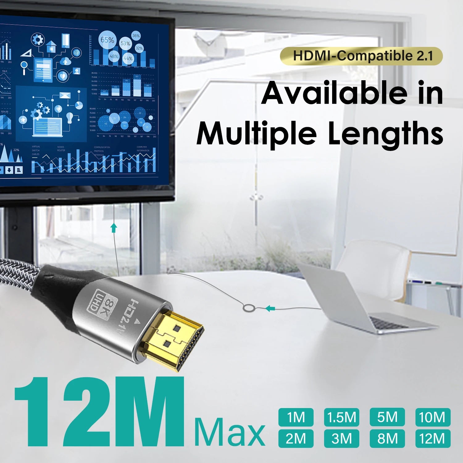 UHD 8K HDMI Cable. 48Gbps High Speed HDMI Cable, version 2.1, Supports 4K @120Hz, 8K @60Hz.  For use with HDTV ,Laptop,  Projector Available in lenghths :5meter 8meter 10meter 12meter
