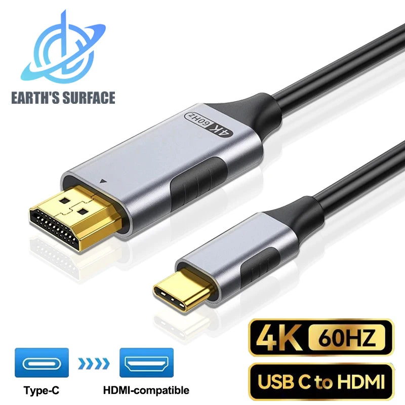 USB C to HDMI-compatible Cable 4K 60Hz 30Hz USB Type C to HDTV 2.1 Thunderbolt 3/4 Cable Adapter for iPhone 16/15 MacBook Huawei