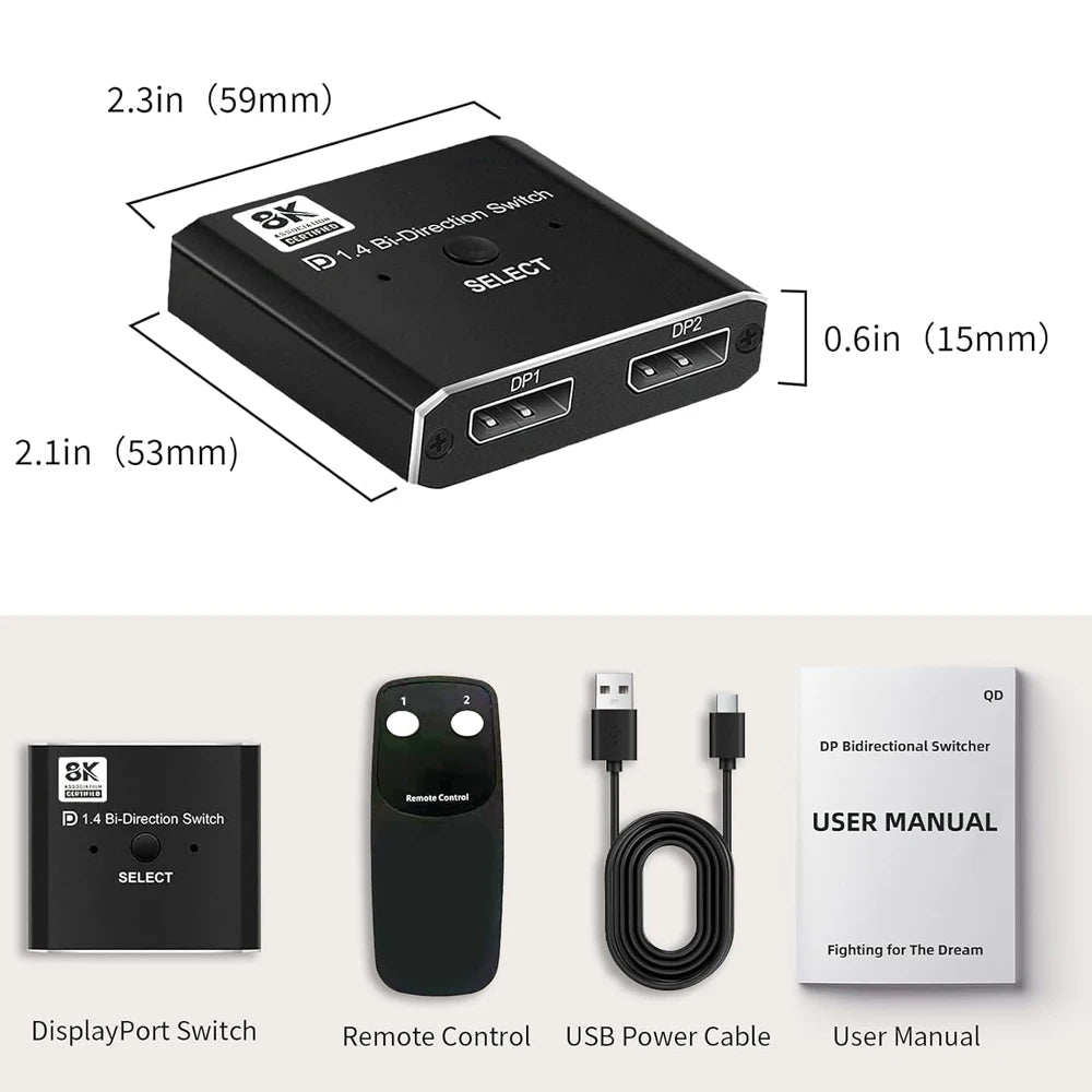 FSU 8K Displayport 1.4 Switch Displayport Bi-direction splitter switcher Displayport KVM 2X1 1X2 Display-port 8K/30Hz 4K/120Hz