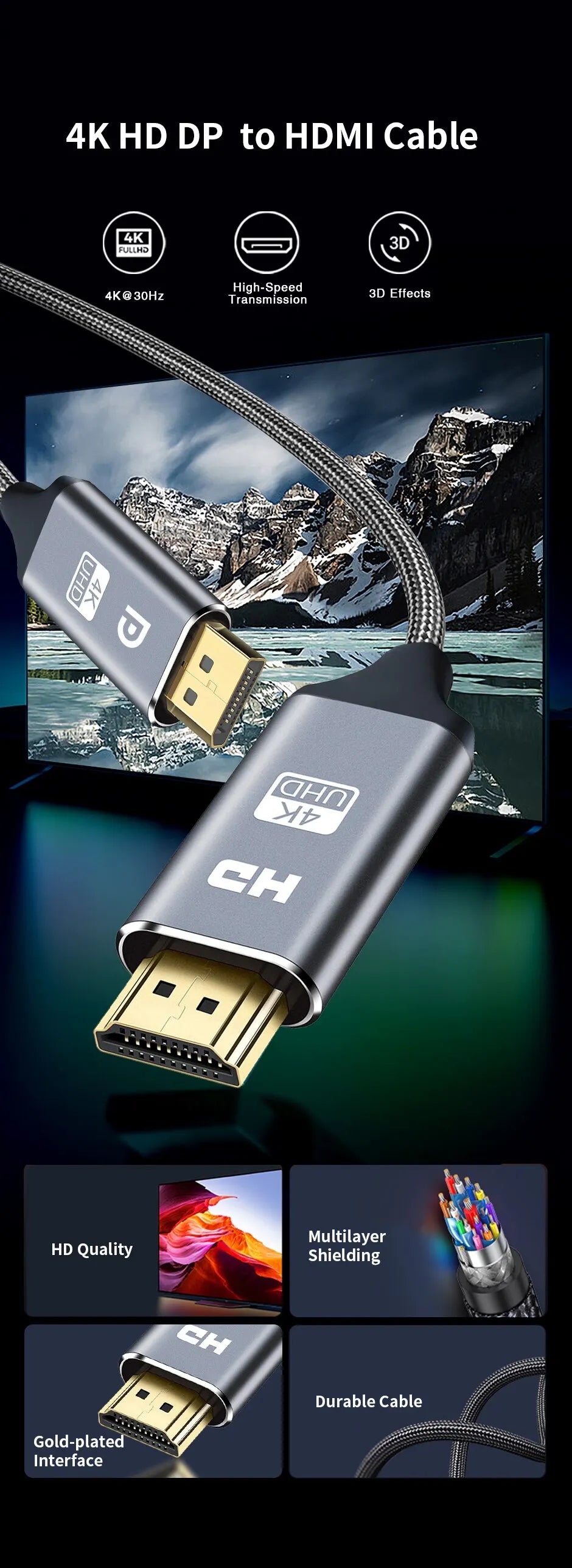 DisplayPort to HDMI Compatible Cable 4K 30Hz DP to HD Adapter Display Port Video Audio for PC HDTV Projector 3ft 6ft 10ft