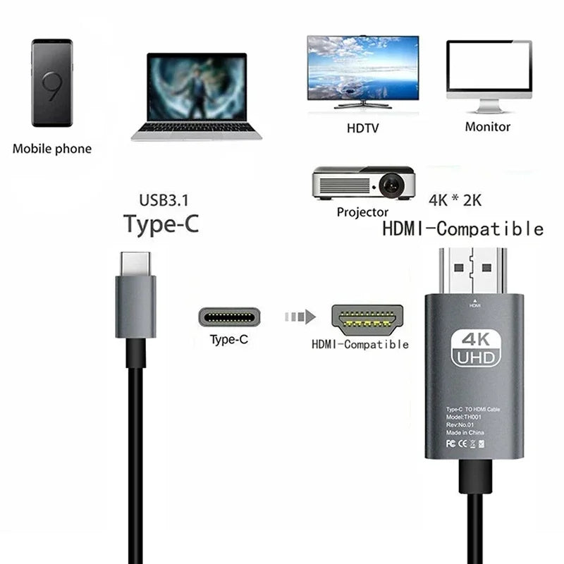4K 30/60Hz USB C to HDMI Cable Type C Adapter HDTV Converter Cable For iPhone 15 TV Converter MacBook Air iPad Samsung laptop