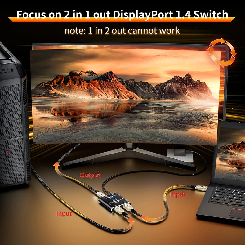 DisplayPort Switch 2 in 1 out DisplayPort 1.4 Video Selector Switcher 2X1 8K 60Hz 5K 120Hz 4K 144Hz for PC Laptop Monitor