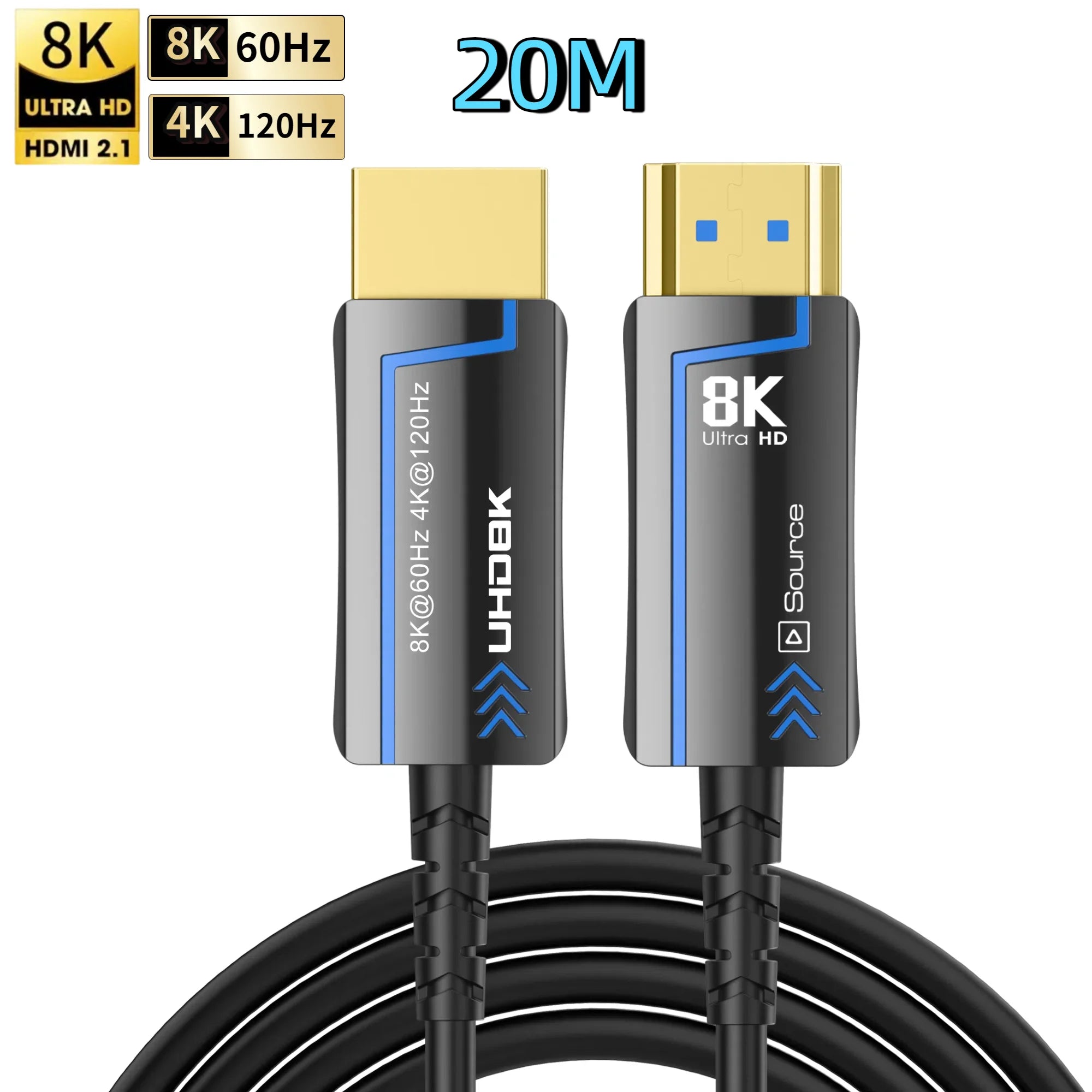 8K 60Hz Ultra High Speed Fiber Optic HDMI Cable, version 2.1. Supports 48Gbps, and 4K 120Hz HDR eARC 3D TV. Available in 2Meter, 5Meter, 10Meter, 15Meter, 20Meter, 30Meter, and 50Meter For HDMI over long distance.