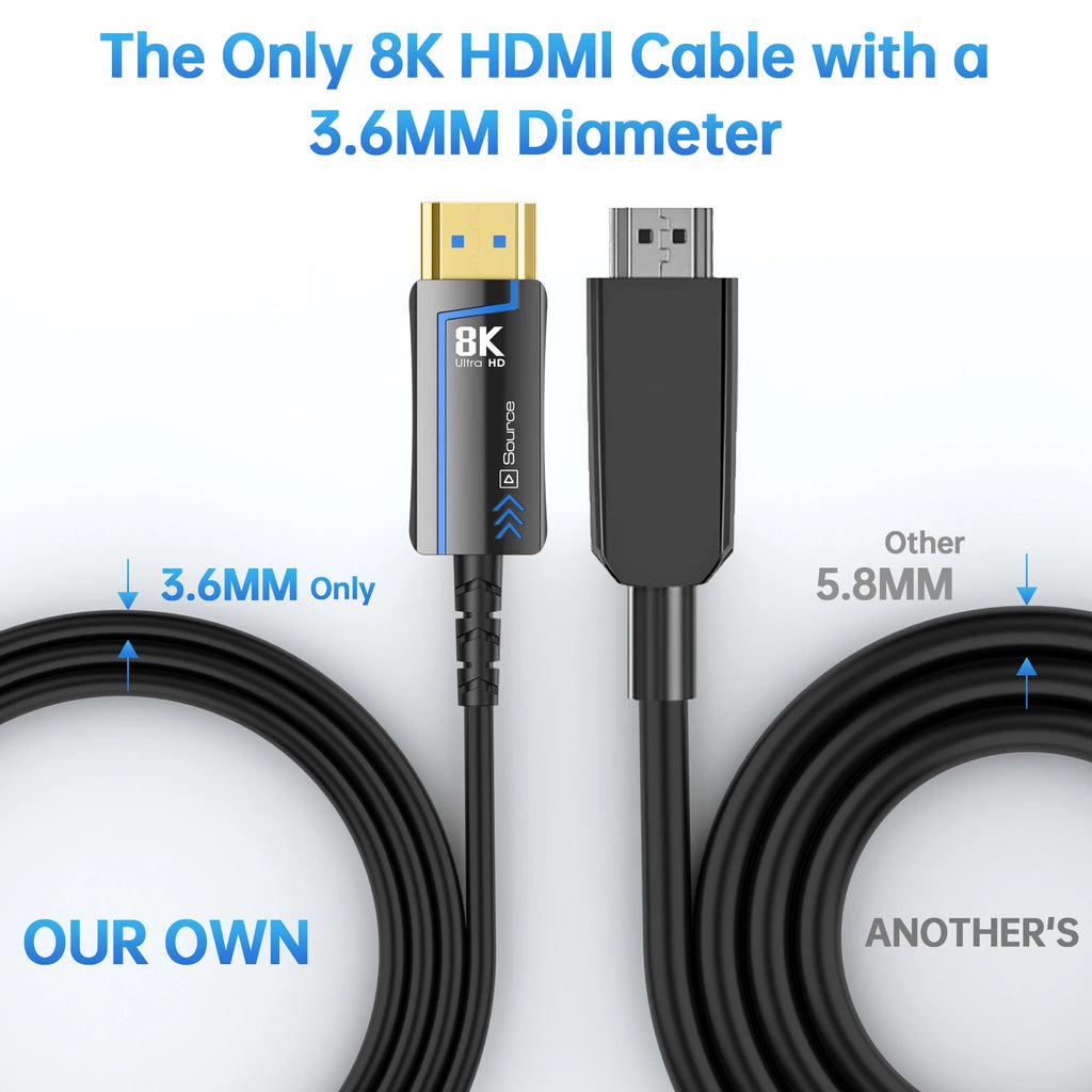 8K 60Hz Ultra High Speed Fiber Optic HDMI Cable, version 2.1. Supports 48Gbps, and 4K 120Hz HDR eARC 3D TV. Available in 2Meter, 5Meter, 10Meter, 15Meter, 20Meter, 30Meter, and 50Meter For HDMI over long distance.