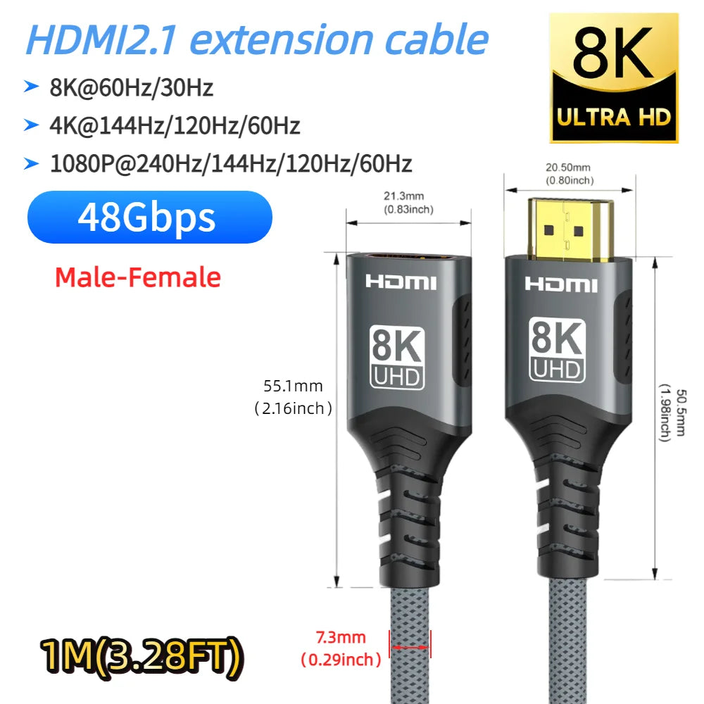 8K HDMI 2.1 Extension cable. Supports 8K@60Hz, 4K@120Hz.  Works with HDTV, RTX, PS5 TV Xbox eARC HDR Video PC Laptop and more.